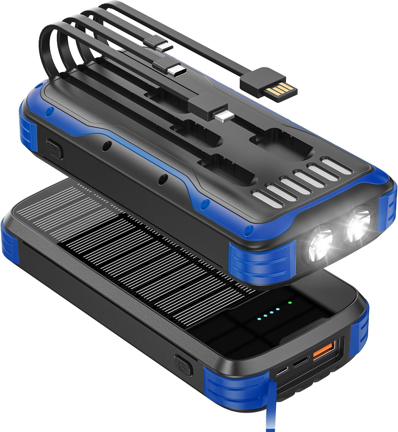 Solar Charger Power Bank, 40000mAh Portable Phone Charger Built in 4 Cables with USB C in/Output, PD 20W Fast Charging Portable Charger, External Battery Pack with Dual Bright Flashlights