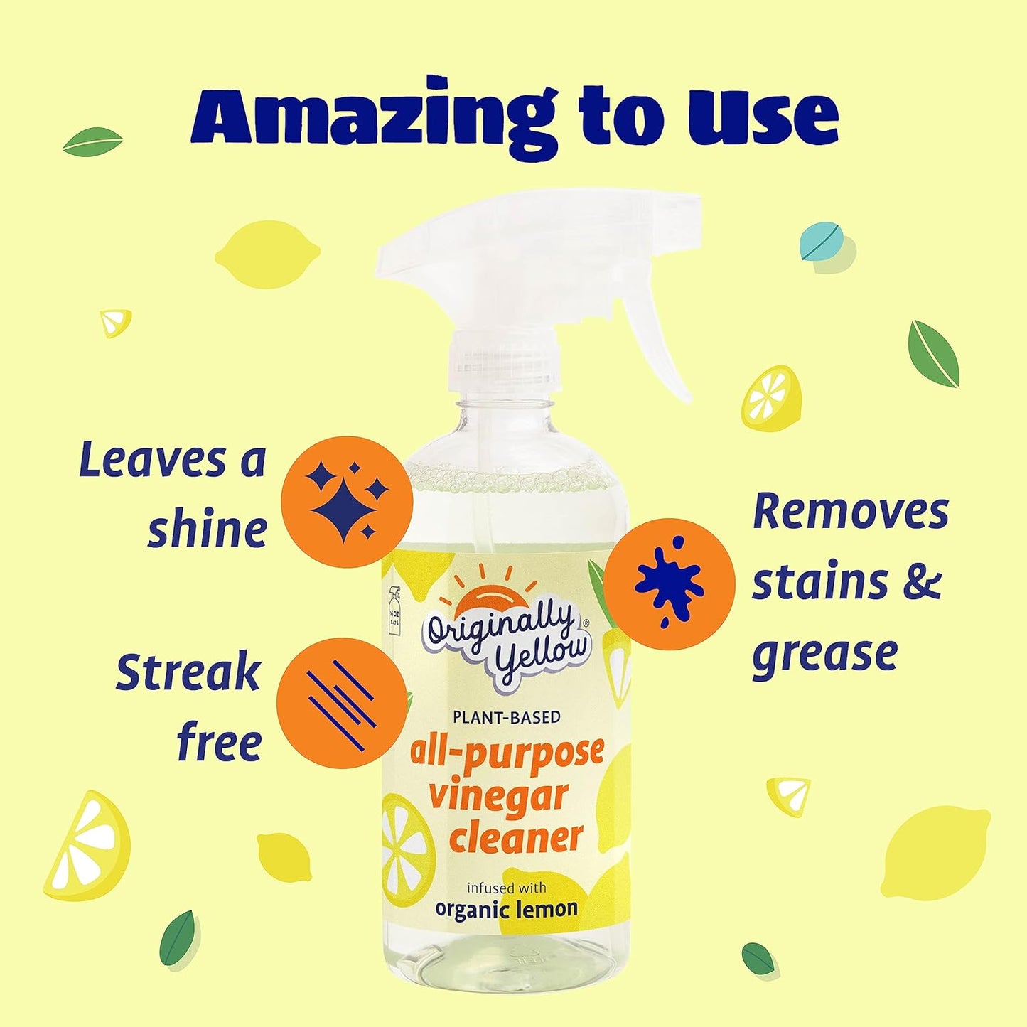 Originally Yellow Lemon Vinegar All Purpose Cleaning Spray | Distilled Cleaning Vinegar For Every Room In the House | Plant-Derived All Purpose Cleaner | Living Room, Bathroom, & Kitchen | 3 Pack