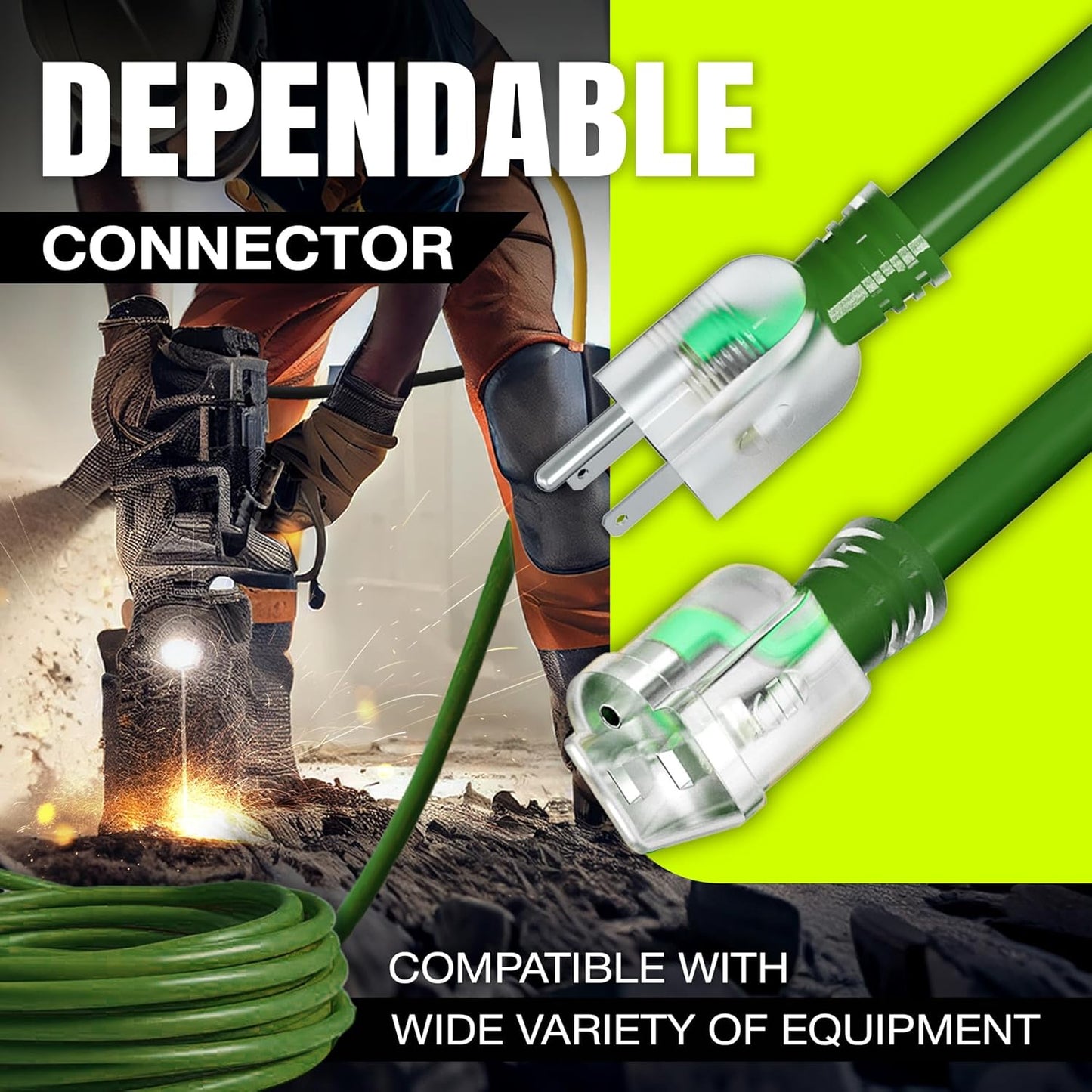 10ft Outdoor/Indoor Extension Cord 14/3 Gauge Heavy Duty 3 Prong SJTW, Waterproof, Flexible Cold-Resistant Long Power Cord,15A 125V 1875W, Green by LifeSupplyUSA