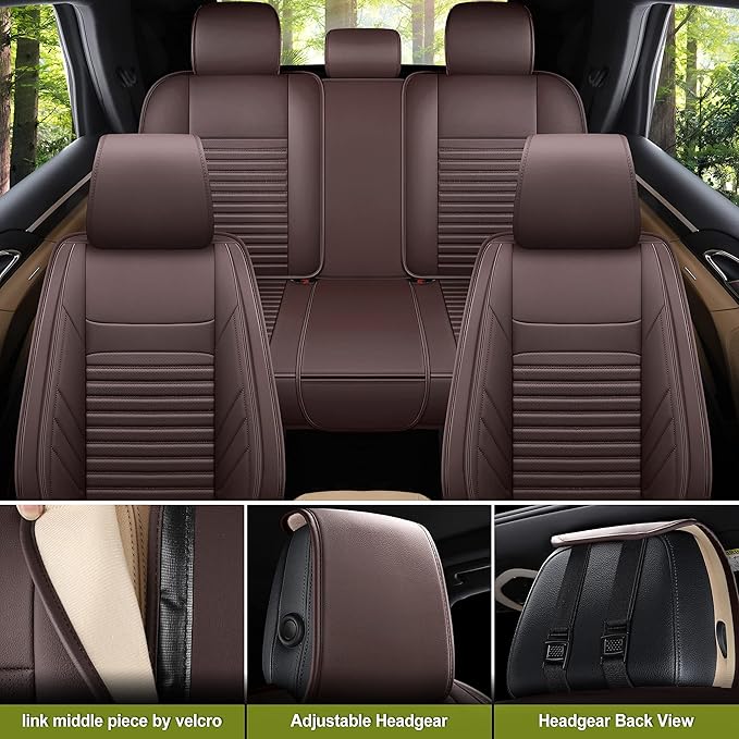 AOOG Leather Car Seat Covers, Leatherette Automotive Seat Covers for Cars SUV Pick-up Truck, Non-Slip Vehicle Car Seat Covers Universal Fit Set for Auto Interior Accessories, Full Set, Brown