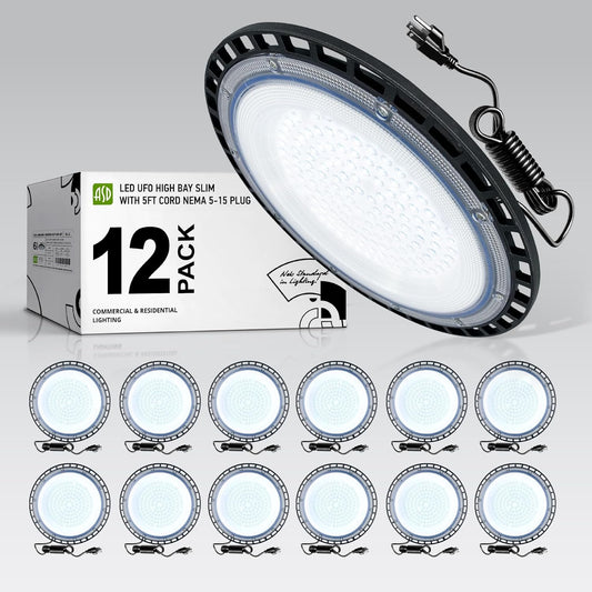 ASD LED High Bay UFO Light Fixture, Commercial Shop Lighting | Plug & Play Cable, IP65 Waterproof, ETL Listed | 100W 18000LM 5000K 100-277V | Warehouse, Garage, Workshop, Barn Lamp | Black, 12 Pack