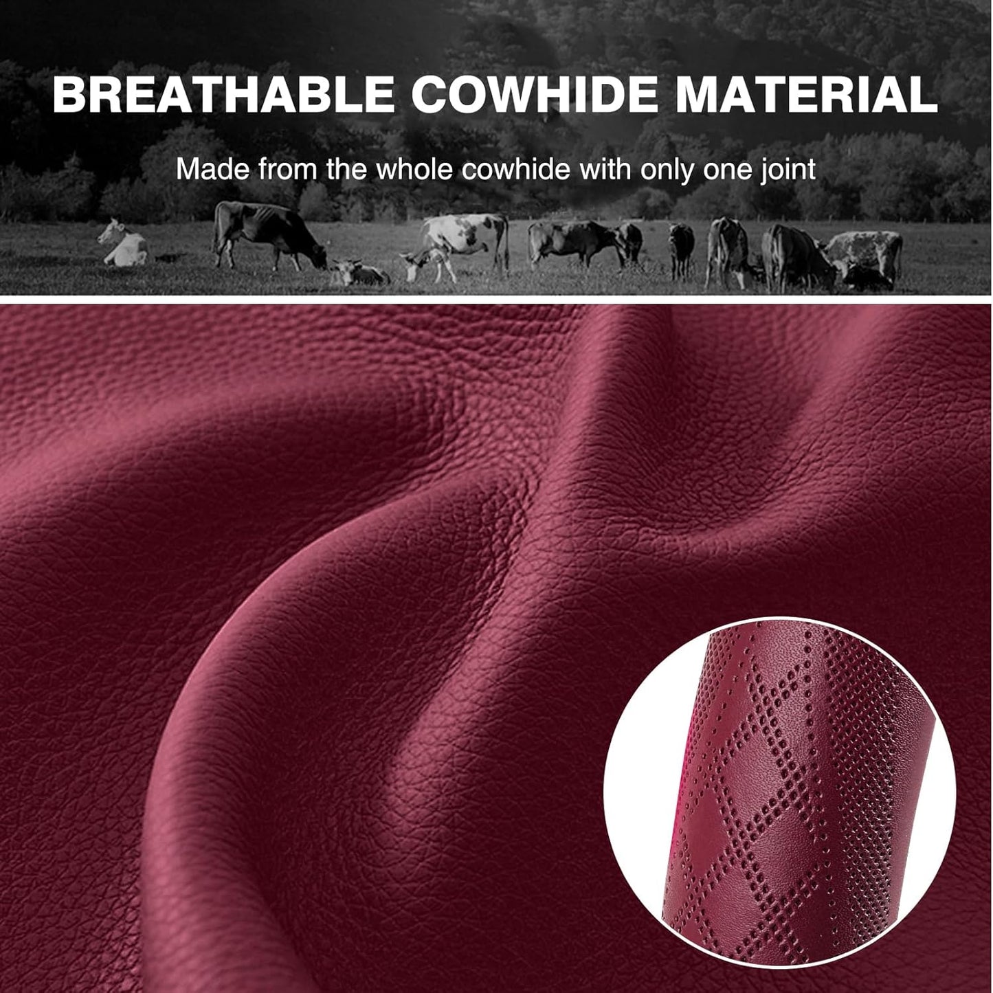 【2025 Model】 High-Grade Real Cowhide Steering Wheel Cover for Men Women，Wine Red Genuine Leather Steering Wheel Cover for Cars,Universal 14.5-15 inch Steering Wheels,Grid & Square Motif