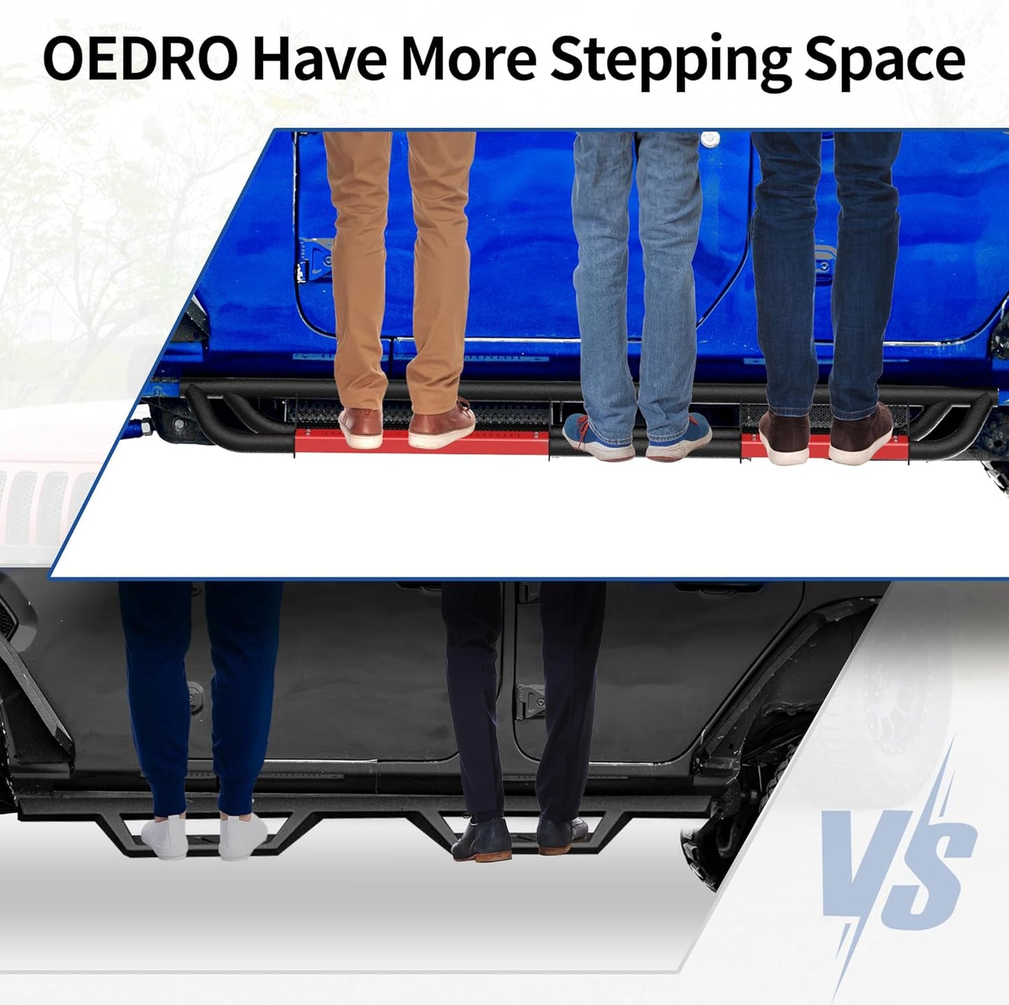 oEdRo 6 inch Running Boards Compatible with 2018-2025 Jeep Wrangler JL Unlimited 4 Door, Bolt-on Drop Side Steps Rails, Powder Coated Black and High Gloss Red Nerf Bar
