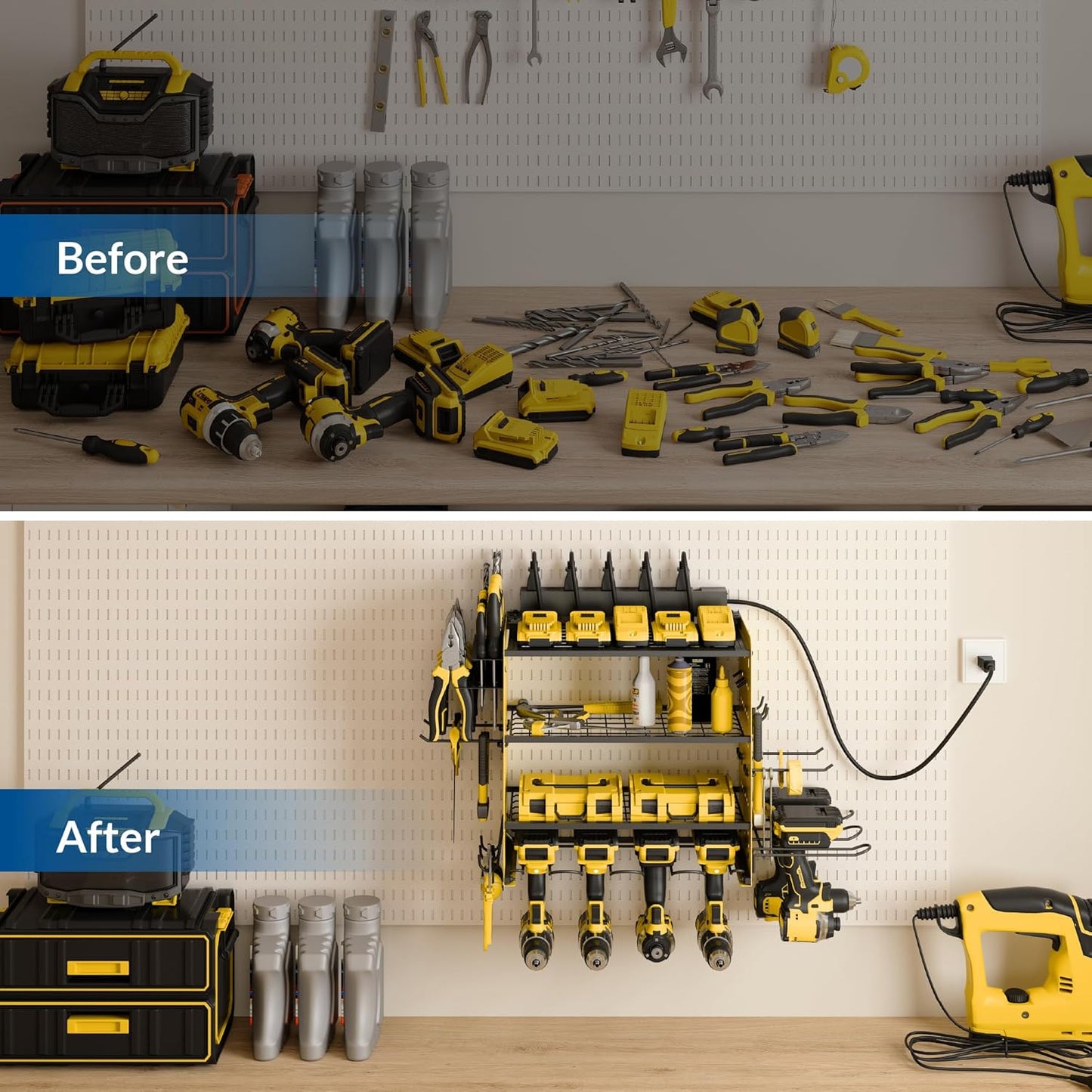 Power Tool Organizer with Charging Station, 4 Layers Garage Storage Rack with 6 Drill Holders, Father's Days Gift For Dad, Wall Mount Garage Organizer Built in 8 Outlets Power Strip, Yellow