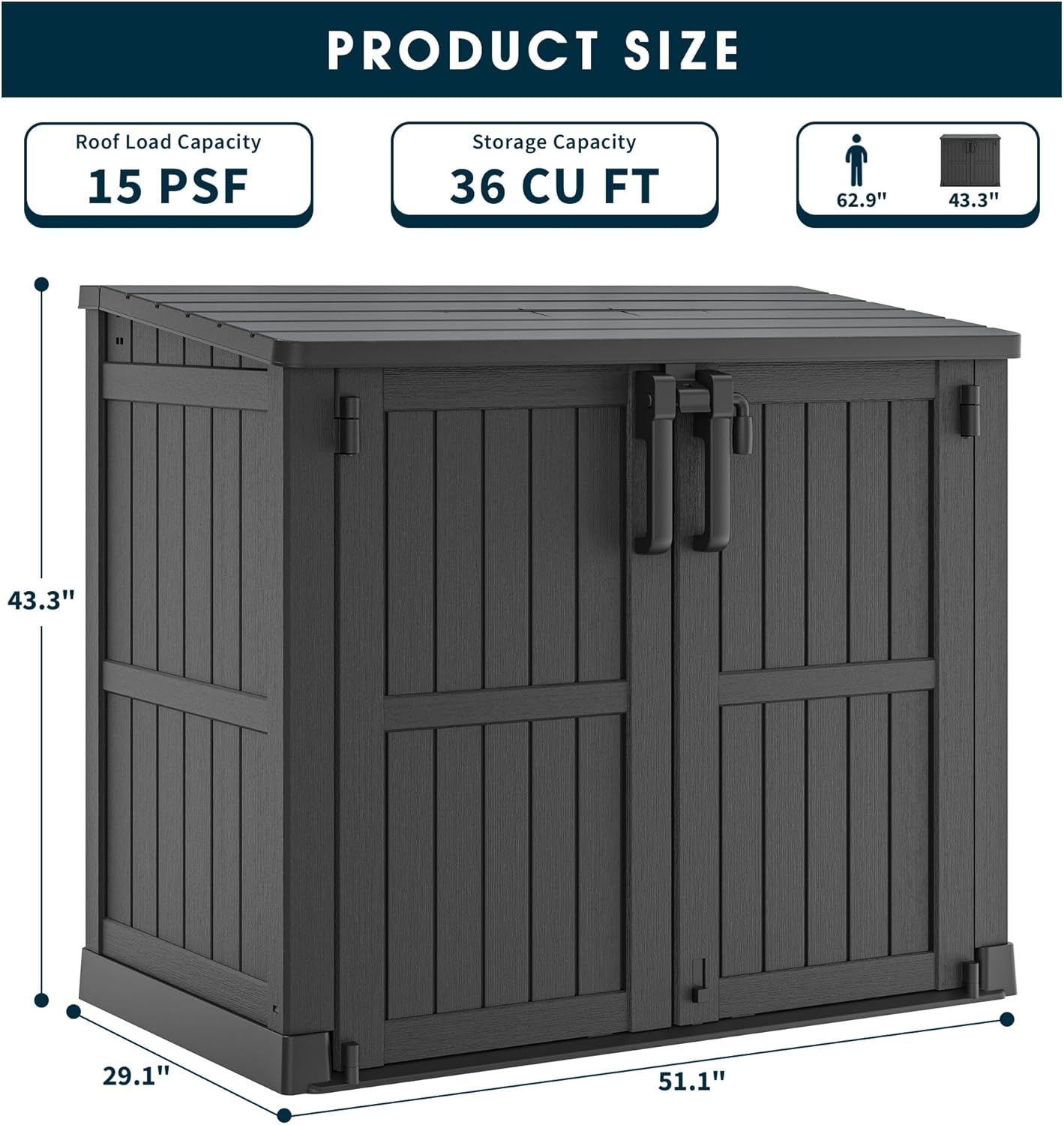 Outdoor Storage Cabinet 36 Cu Ft with Lockable Doors, Portable Horizontal Resin Storage Shed -Easy to Assemble, Waterproof Outdoor Storage Box for Backyards,Patios Black