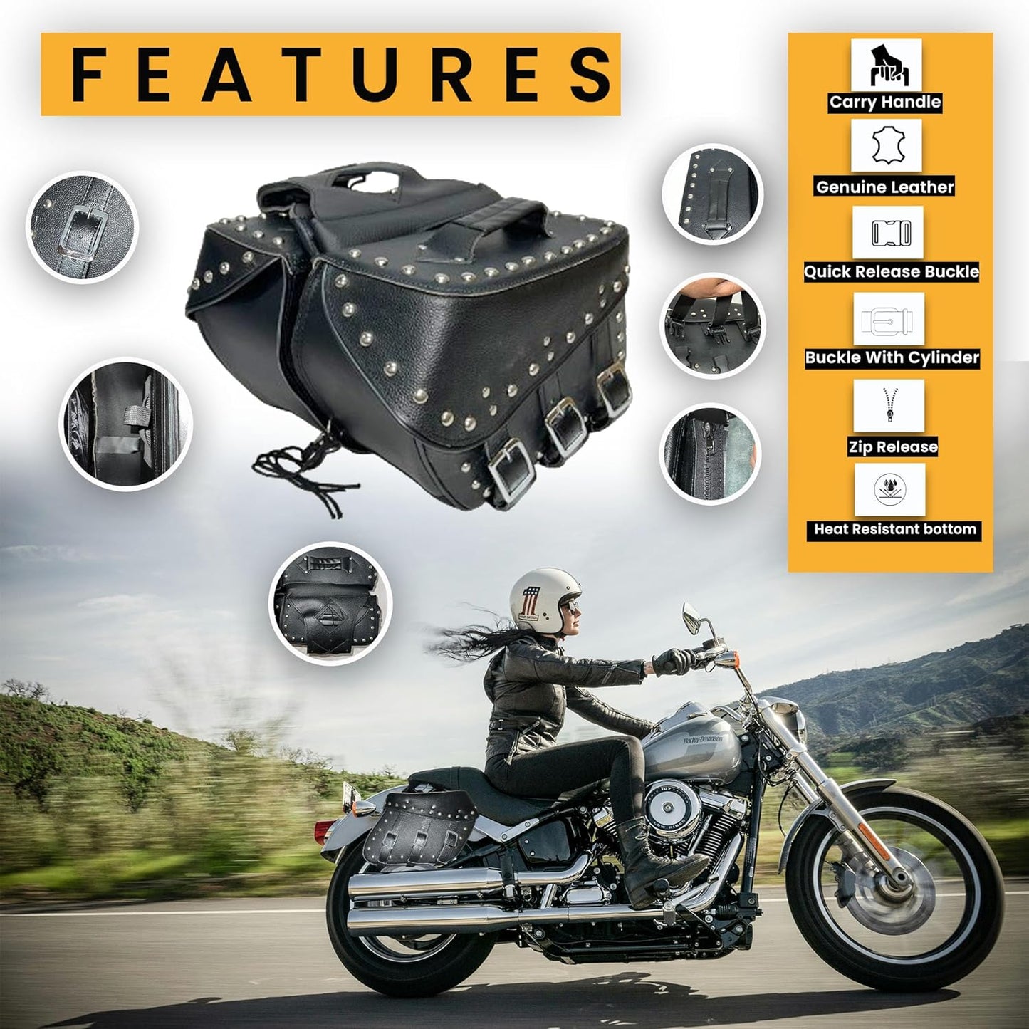 Motorcycle Saddlebags, 33L Large Capacity Saddle Bags Motorcycles, Genuine Leather Motorcycle Luggage Bag, Universal Motorcycle Throw Over Saddlebag, Black, HD-SAD551S
