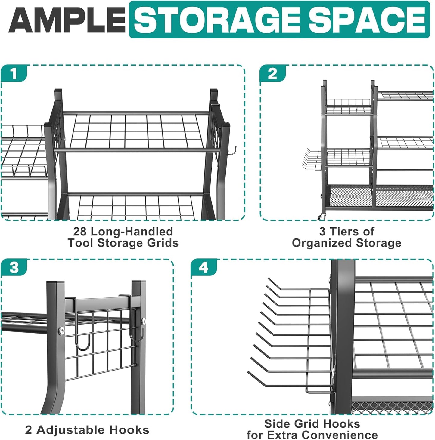 EVERHANGER Garden Tool Organizer Stand, Garage Tool Storage Organization, Yard Tool Racks with lockable wheels, Fit for Long-Handled Tools/Rakes/Brooms