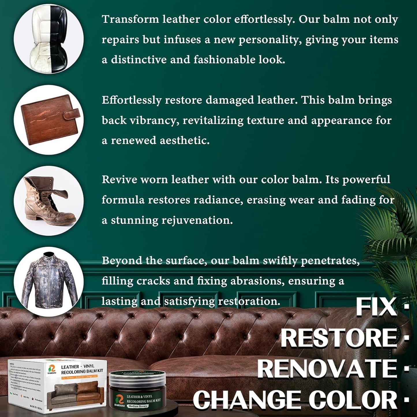 Medium Brown Leather Repair Kit, Leather Recoloring Balm – Restore & Repair Faded Leather on Couches, Car Seats, Shoes & Furniture | Leather Color Restorer & Conditioner | Easy DIY Application