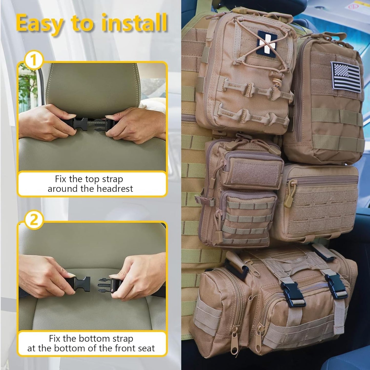 Universal Tactical Seat Back Organizer Vehicle Molle Panel Organizer Storage Bag with 5 Detachable Molle Pouch for All Vehicel Such as Jeep,Truck,SUV, Car, Ford,Chevy etc