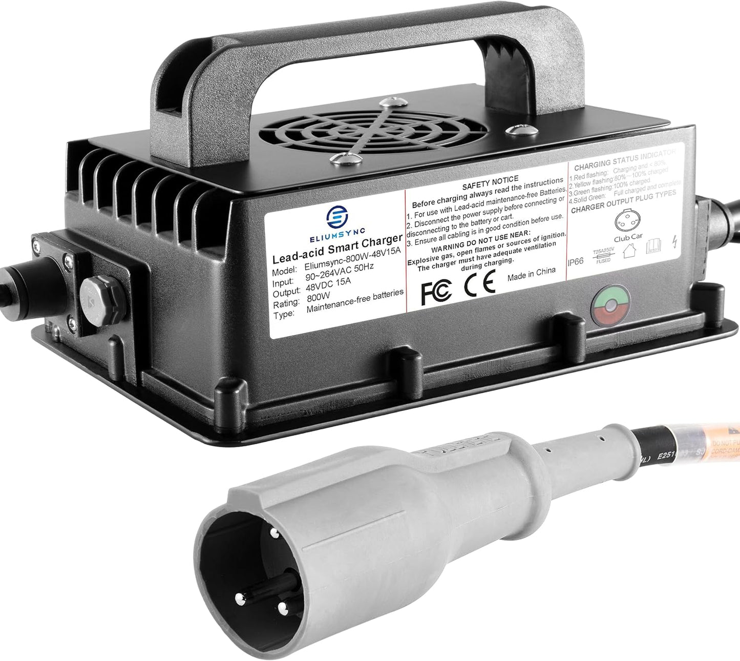 800W Lead Acid Battery Charger 48 Volt 15 AMP 3-Pin Original Gray One-Piece Plug Club Car DS&Precedent Golf Carts