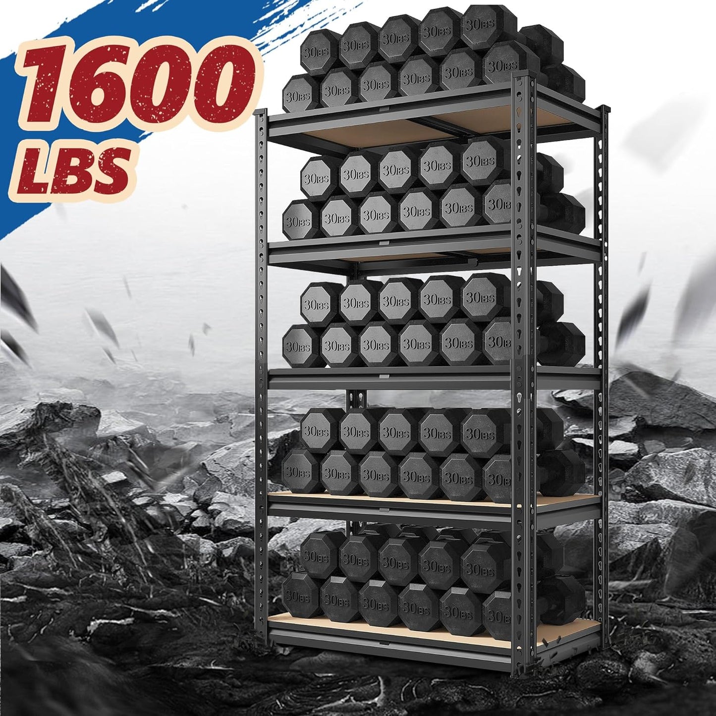 REIBII Storage Shelves 1600LBS Garage Shelving Heavy Duty Metal Shelving 5 Tier Garage Shelves Adjustable Metal Shelf for Kitchen Basement Pantry Warehouse 28.2" W x 11.8" D x 59.9" H