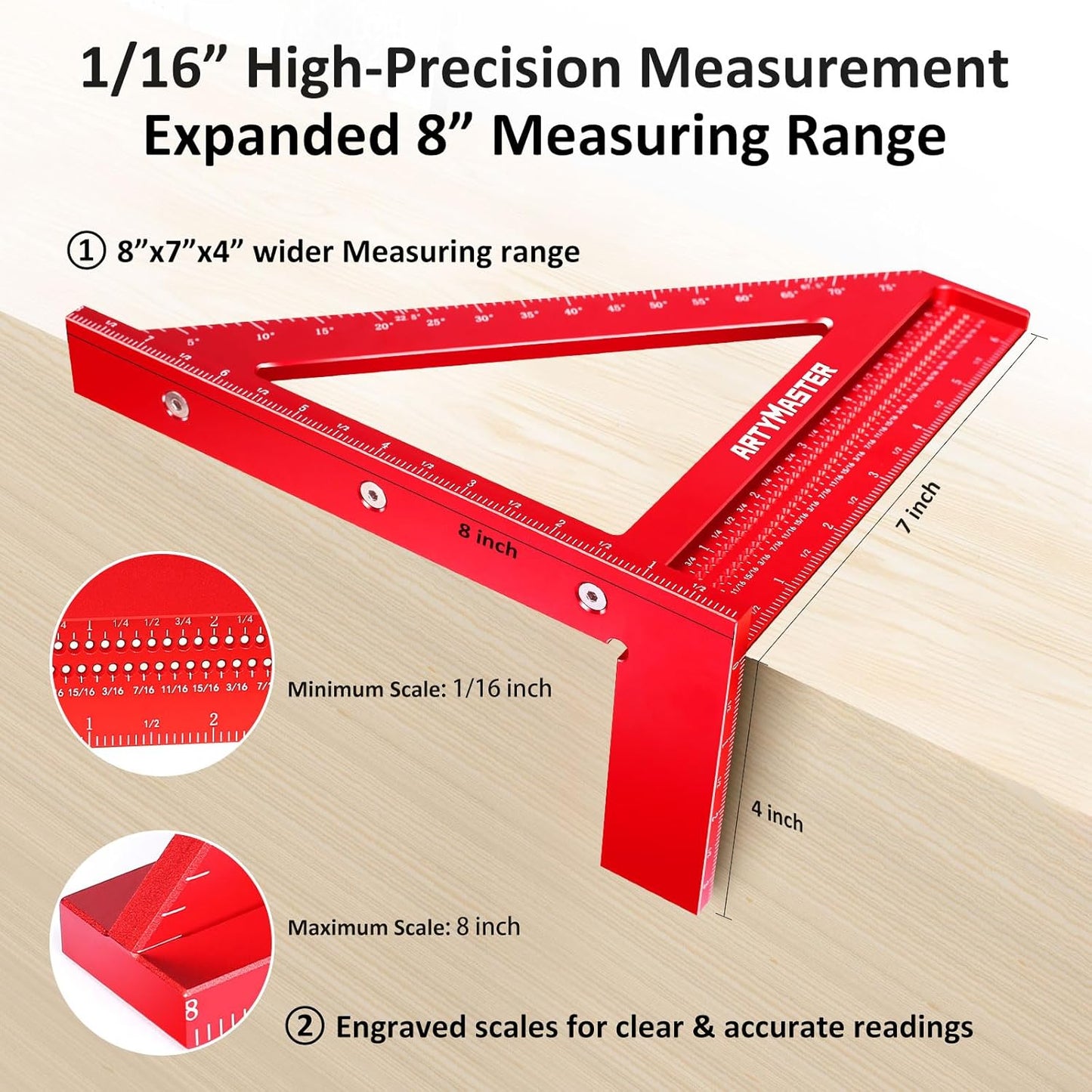 8 inch 3D Multi-Angle Measuring Square Ruler, WT103B High Precision Hole Scribing Woodworking Tools, 0-90° Aluminum Alloy Carpenter Square Wood Working Tools, Carpenter Pencils 6 Refills.