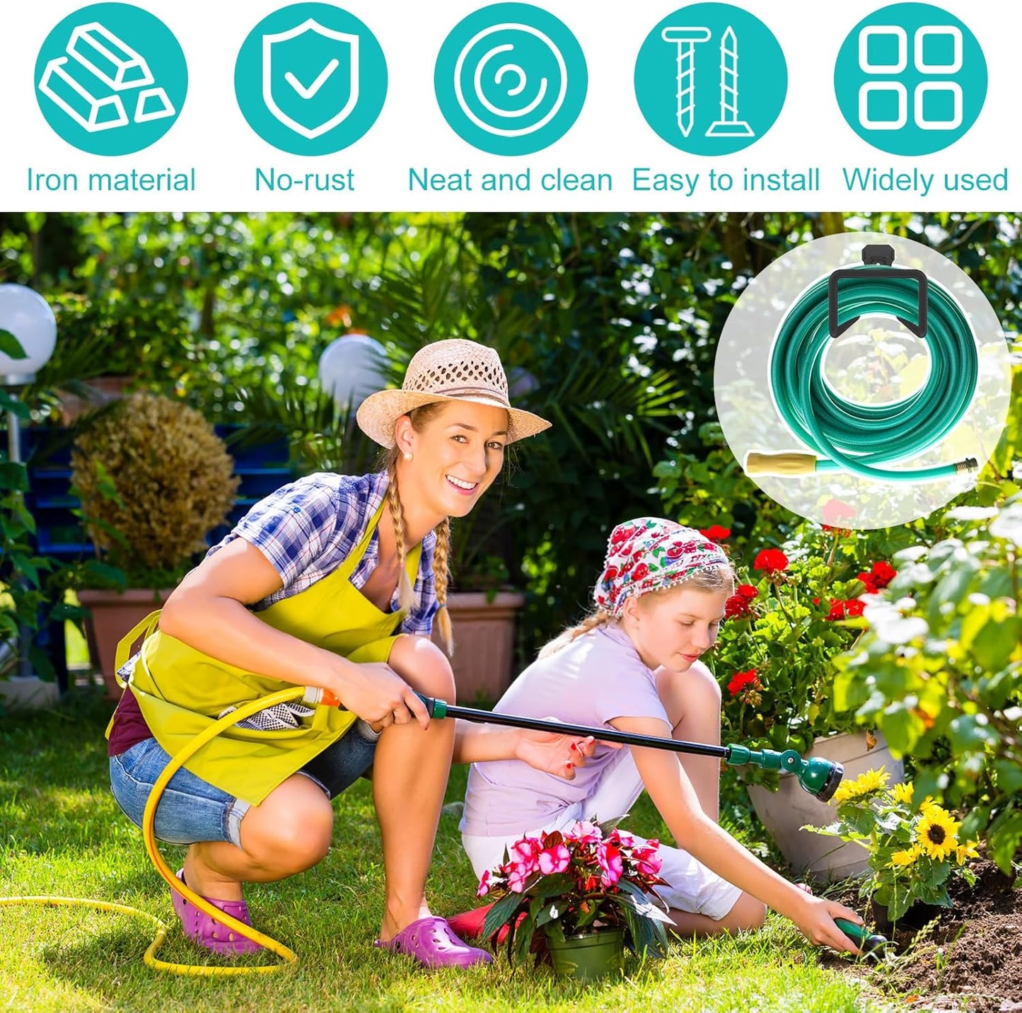 4PCS Metal Garden Hose Hook Heavy Duty Water Hose Hook Wall Mounted Garage Hook Sturdy Storage Bracket Stand Organizer160lbs for Outside Yard Water Extension Cords Black