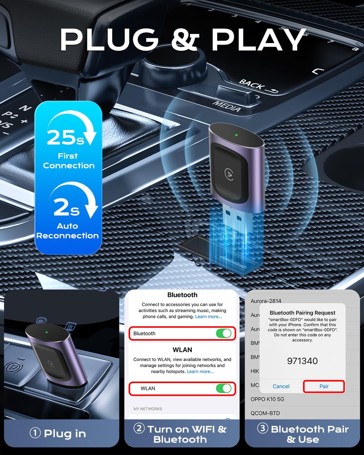 AuroraLink Wireless Carplay & Android Auto Adapter 2-in-1 Stable & No Delay Carplay Wireless Adapter Convert Wired to Wireless Car Play Dongle for iOS 10+/Android 11+ (Purple)