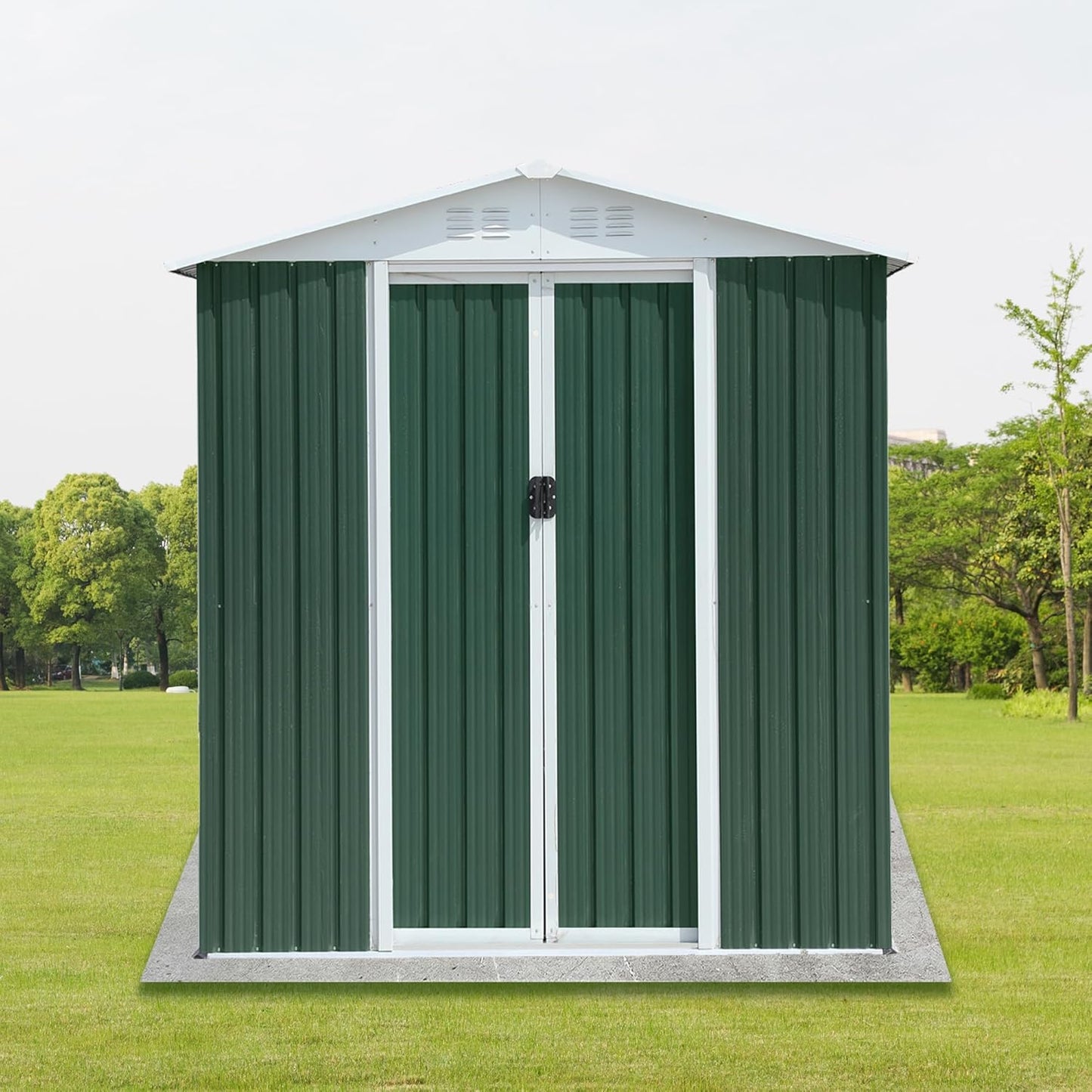 6x4 FT Outdoor Storage Shed, Metal Garden Shed with Lockable Sliding Doors, Outside Tool Shed with Sloped Roof & 4 Air Vents, Waterproof Storage Building for Backyard, Patio, Lawn, Green