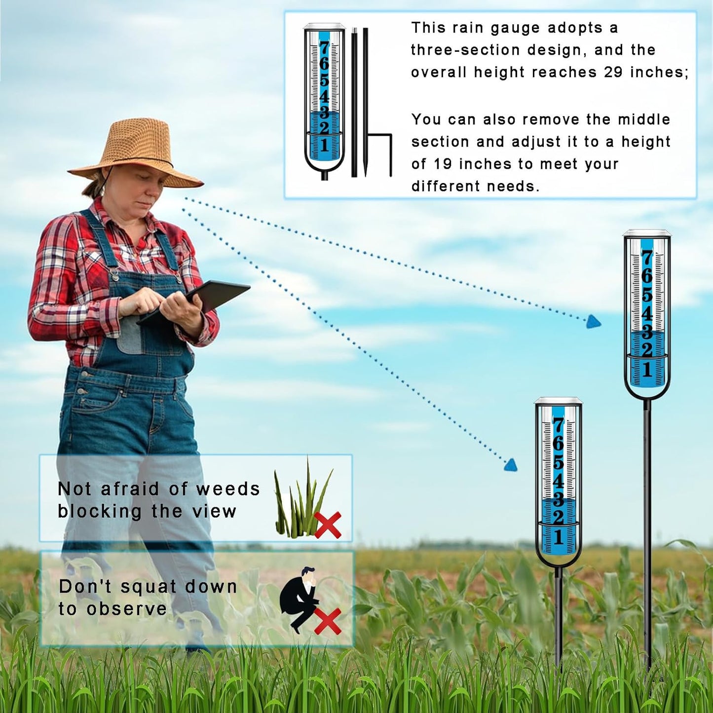 Rain Gauge Outdoor, Freeze Proof Rain Gauges Outdoors Best Rated, 7" Capacity Large Clear Font and Scale Rain Guage with Long Stake for Yard Garden, Rain Water Meter with Two Plastic Replacement Tube