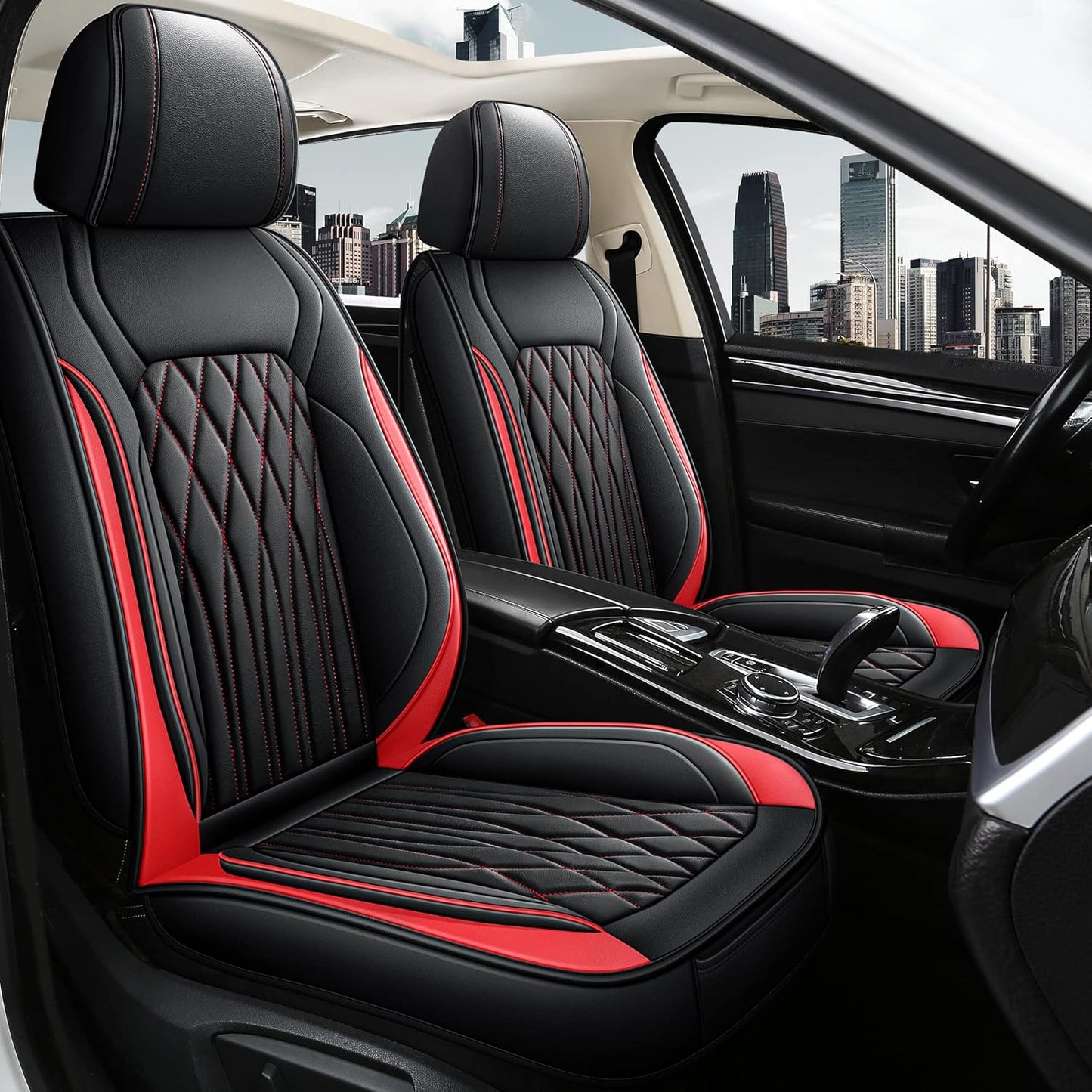 Pariitadin Leather Car Seat Covers Full Pair, Waterproof Faux Leather Seat Covers for Cars, Non-Slip Car Interior Covers Universal Fit for Most Cars Sedans Trucks SUVs, Black/Red Line