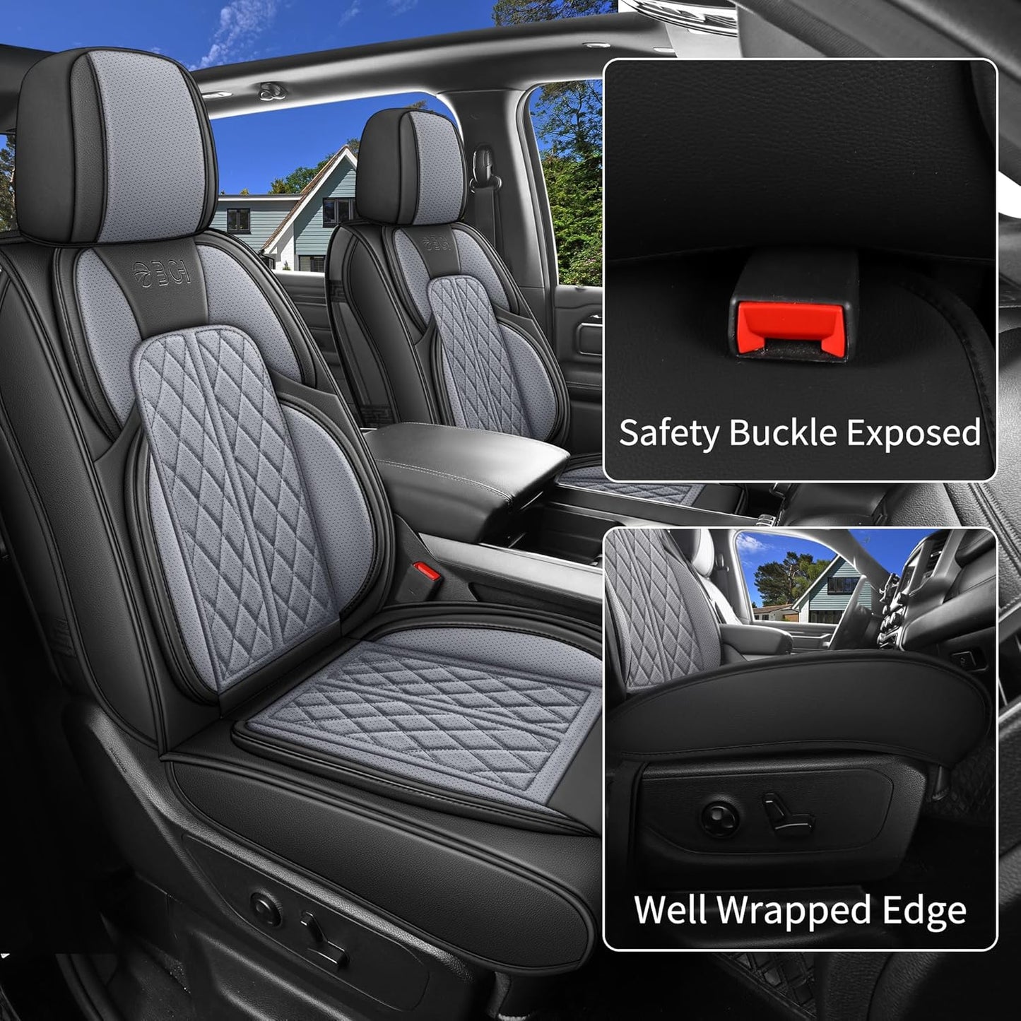 Car Seat Cover Custom Fit for Dodge Ram 1500 2500 3500 2002-2024 Faux Leather Seat Cover Set Compatible with Crew Quad Regular Cab Pickup Truck Cushions (Black & Grey, Full Set, Curved Rear)