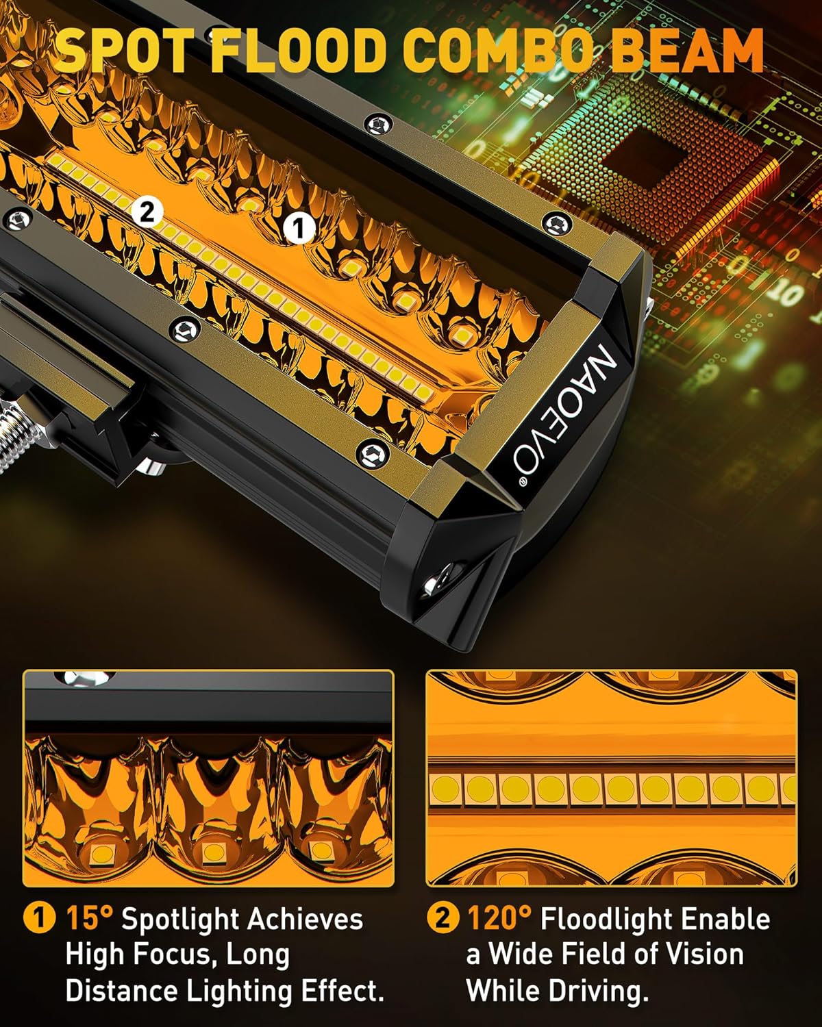 NAOEVO 12 Inch LED Light Bar, 300W 30000LM LED Offroad/Driving/Fog Lights with Wiring Harness Kit, Spot Flood Work Lights for Truck UTV ATV Golf Cart Boat, 1 Pc (Amber)