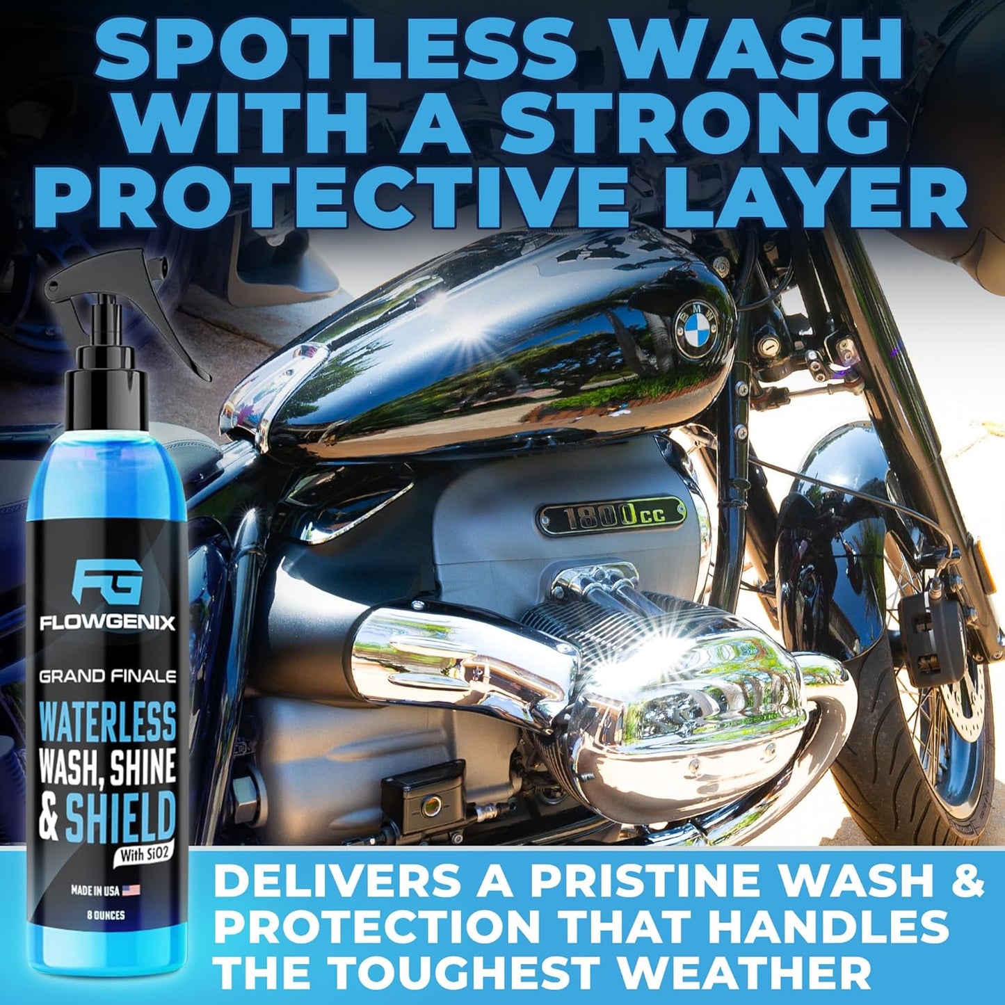 Flowgenix™ Waterless Car Wash Spray - Grand Finale - Motorcycle Cleaner & Car Wax Spray Polish (8 oz) - Ceramic Coating - Incl. 2 Microfiber Towels - Quick Detailer Spray to Make Your Vehicle Shine