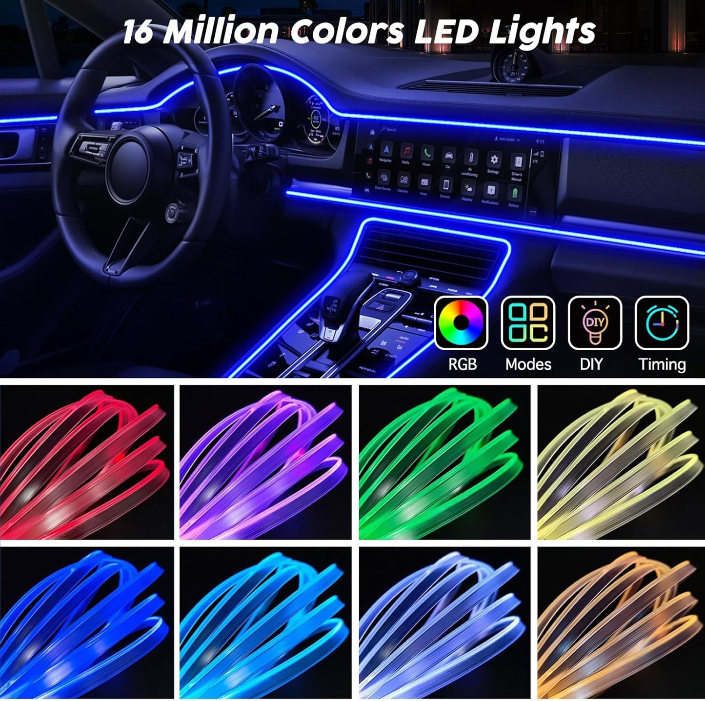 USB Car LED Lights, Interior Car Lights Strip with APP and RF Remote Control, 2 in 1 Ambient Lighting with 157 inches Fiber Optic Music Sync Simple Installation EL Wire Lights (2 in 1/157 inches)