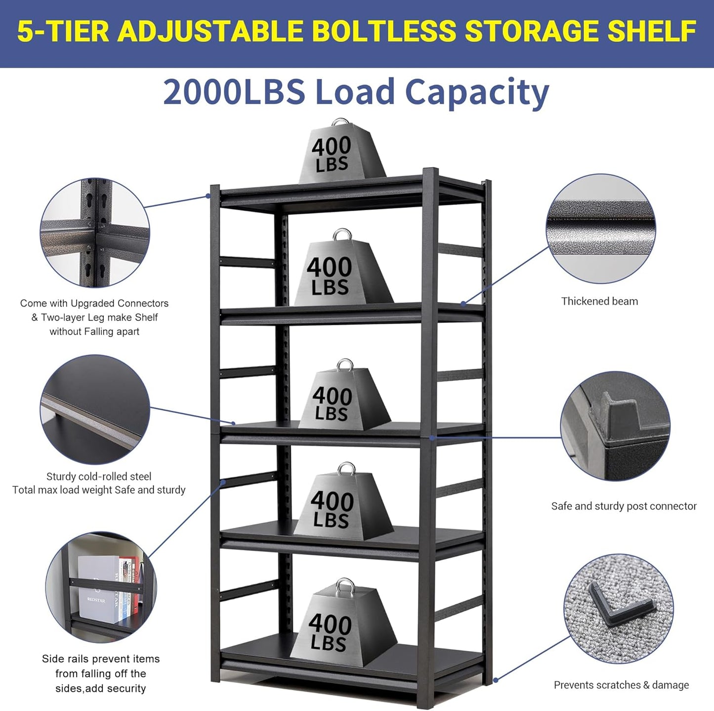 TOPKEY Metal Storage Shelf Garage Storage Shelves, Heavy Duty 5-Tier Utility Shelves for Garage, Kitchen, Warehouse, Adjustable Basement Storage Rack, Load 2500LBS, 72" H x 35.4" W x 15.8" D