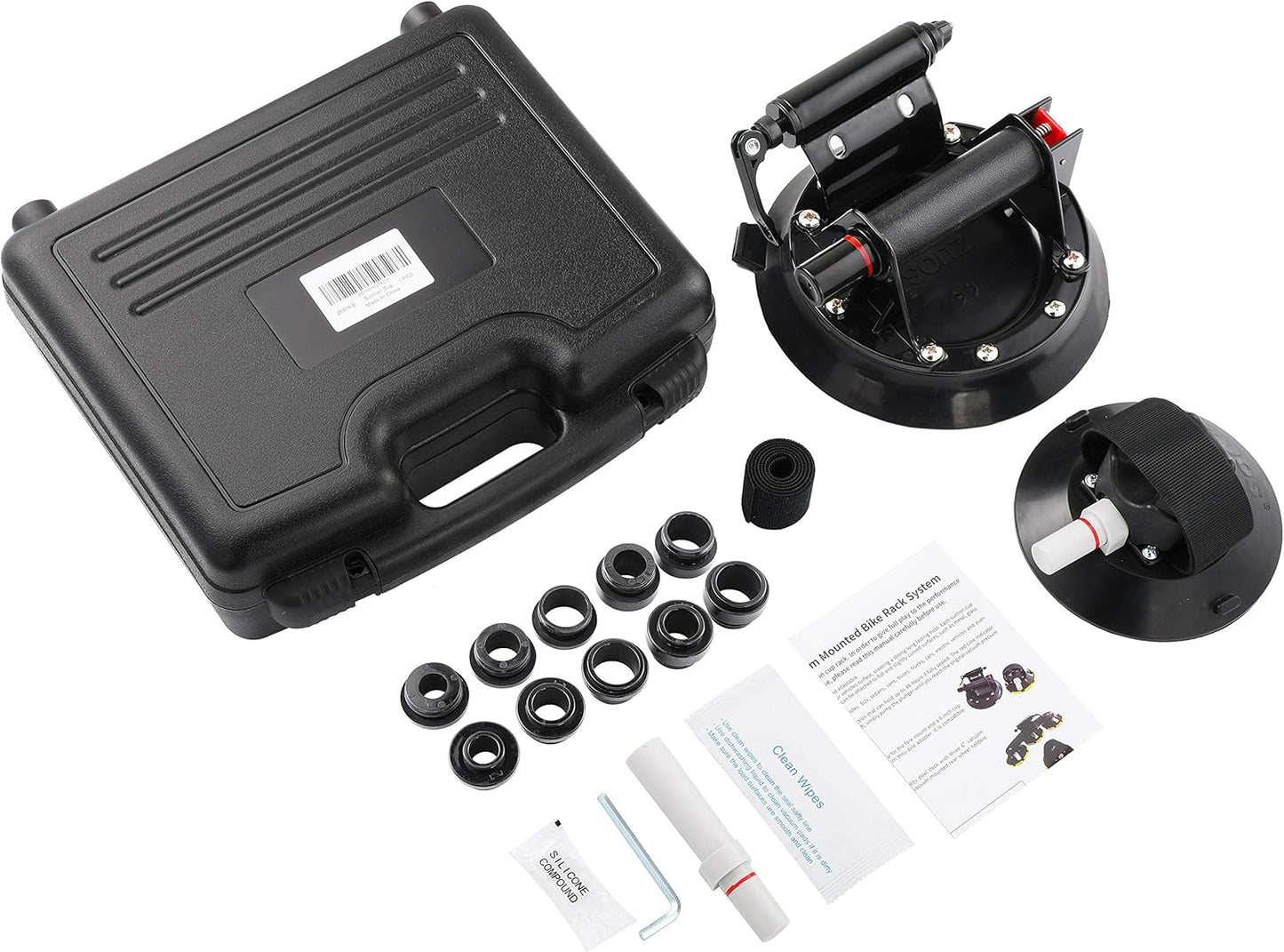 Bike Rack for Car Roof, Vacuum Suction Cup Bicycle Carrier Aluminium Alloy Roof Rack, with 5 Adapters for Most Bikes, 9x100mm/12x100mm/15x100mm/15x110mm/20x100mm/20x110mm (8" Suction Cup)