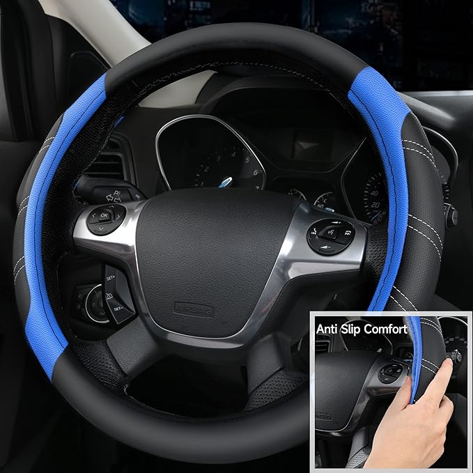 CAR PASS Leather Steering Wheel Cover and Waterproof Car Floor Mats,Microfiber Universal Car Combo Fit for 95% Sedan,SUV,Cars,14.5-15inch Sporty Anti-Slip Safety Comfortable Design(Black＆Blue)