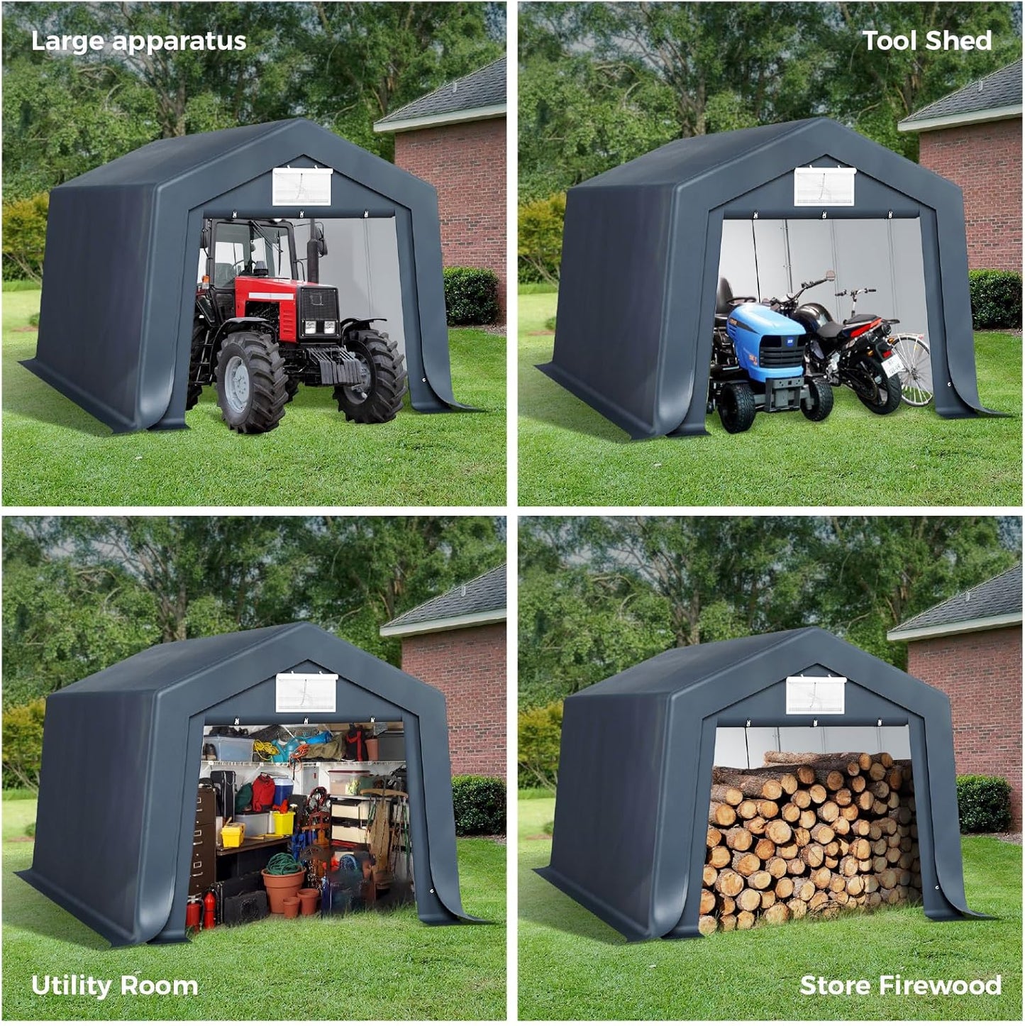 GREEN PARTY Storage Shelter Shed, 10x15 ft Portable Shed Outdoor Carport with Roll-up Zipper Door & Vents, Outdoor Storage Shed Portable Garage for Motorcycle, Bike, Waterproof & UV Protected, Gray