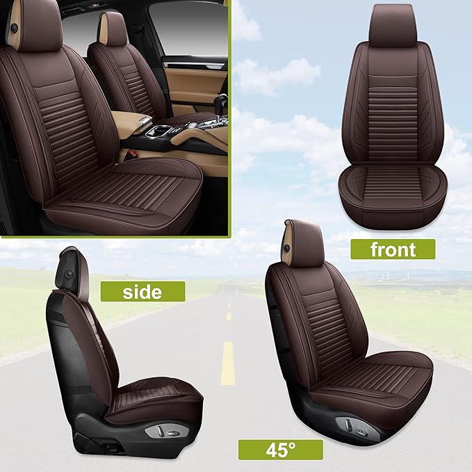 AOOG Leather Car Seat Covers, Leatherette Automotive Seat Covers for Cars SUV Pick-up Truck, Non-Slip Vehicle Car Seat Covers Universal Fit Set for Auto Interior Accessories, Front Pair, Brown