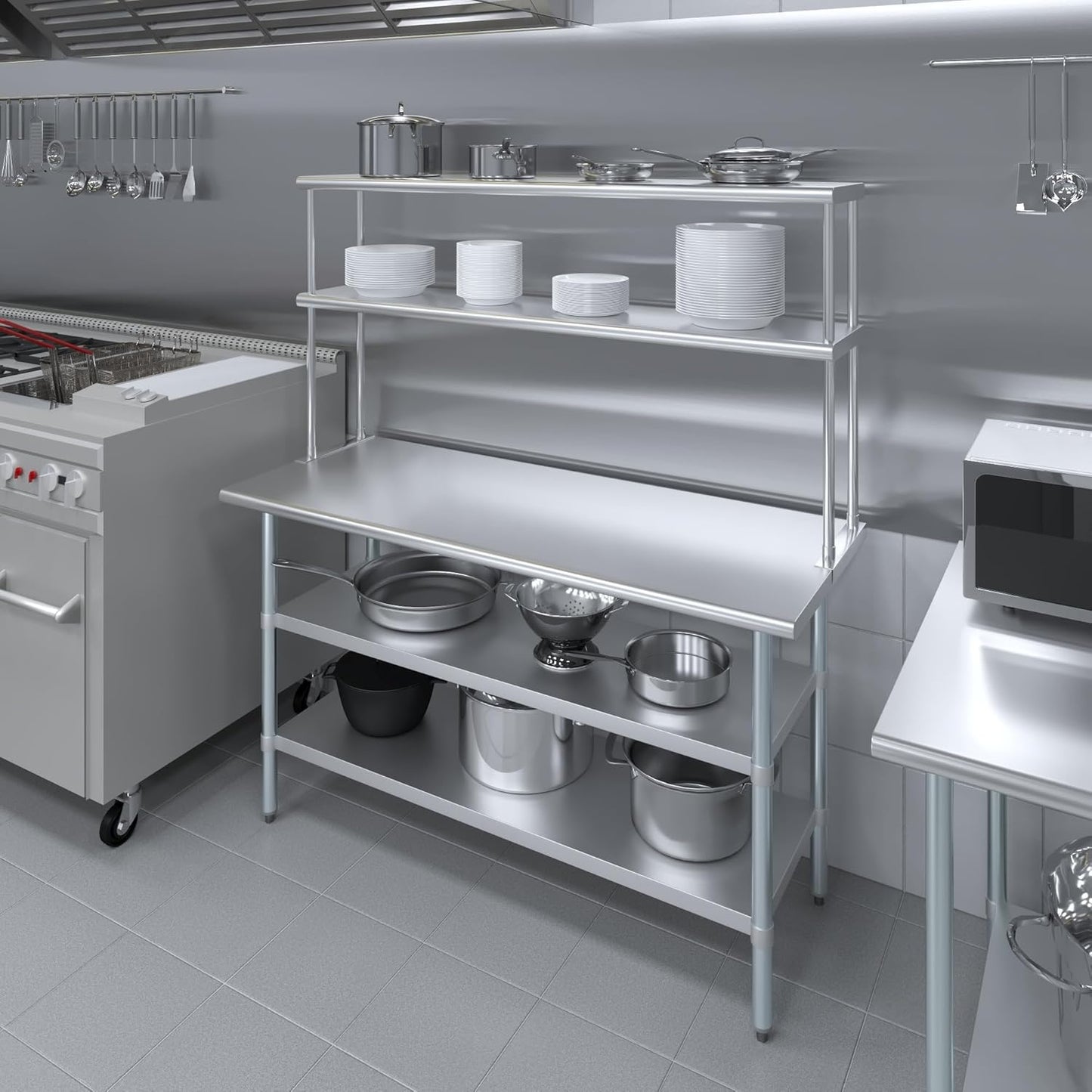 Amgood Stainless Steel Work Table with 2 Shelves | Metal Kitchen Prep Table & Shelving Combo (24" x 60" Table with 2 Shelves + 12" Overshelf)