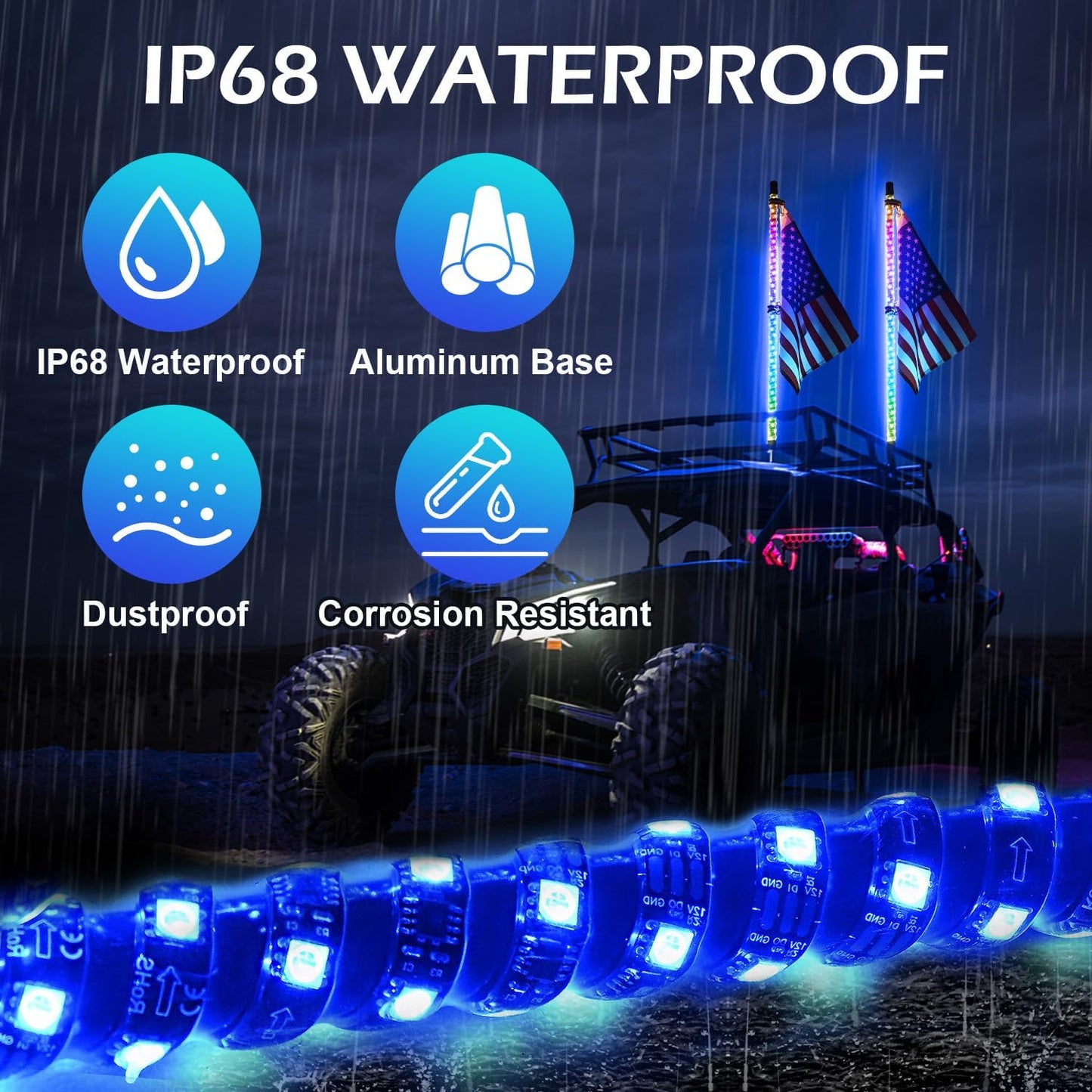 2PCS 3FT RGB LED Whip Light with Spring Base Remote App Control w/DIY Chasing Patterns Turn Signal & Brake Lights for ATV, UTV, Polaris, RZR, Can-am