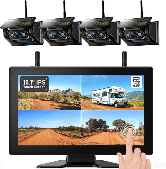 4 Magnetic Solar Wireless Backup Camera HD1080P DVR 10.1" Touchscreen Monitor, Quad RV Rearview Backup Cameras Wireless System for RV Trailer Tractor, Built-in 9600mAh Solar Battery, BL104