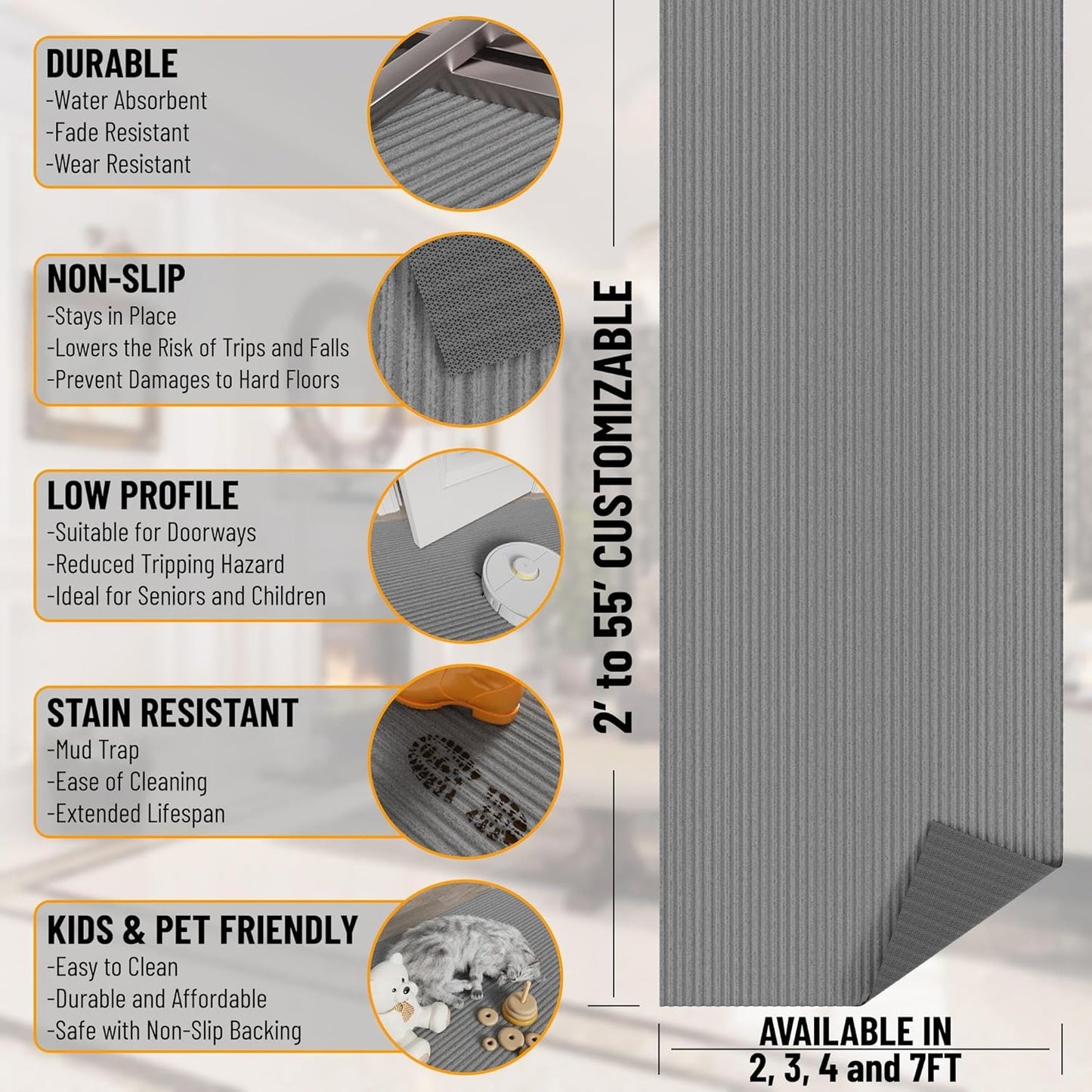 Ottomanson 2' x 25' Hallway Runner with Scraper Pile Extra Durable Non-Slip Rug Mat for Indoor & Outdoor Use - Ideal for Kitchen, Entryway, Patio & Garage - High-Traffic Carpet, Gray