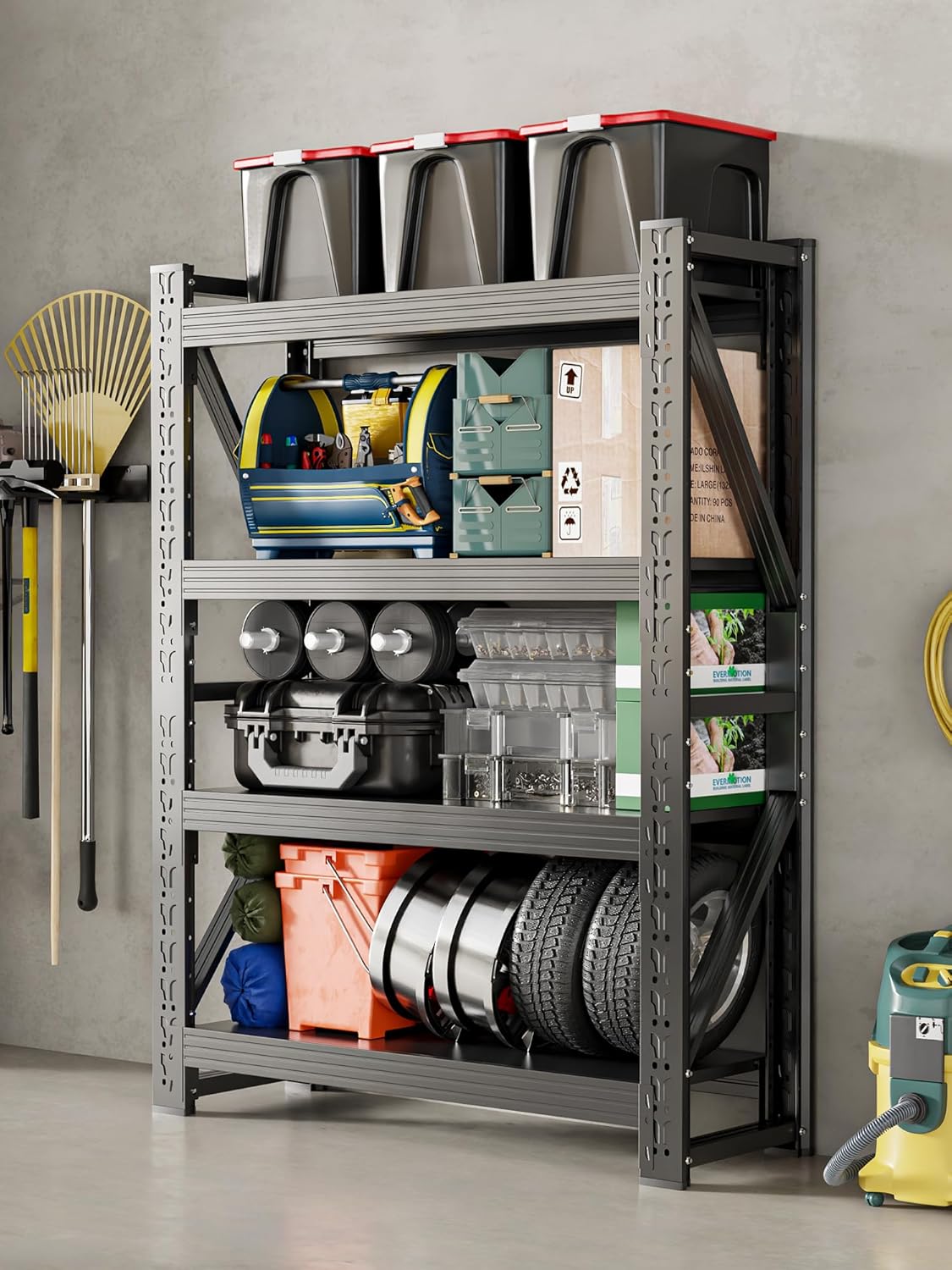 4-Tier Storage Shelves,79" H Heavy-Duty Garage Shelving Unit,Adjustable Industrial Metal Shelf System,4,500lbs Capacity,Tool Organizer for Garage,Workshop,60" W*20" D*79" H,Black