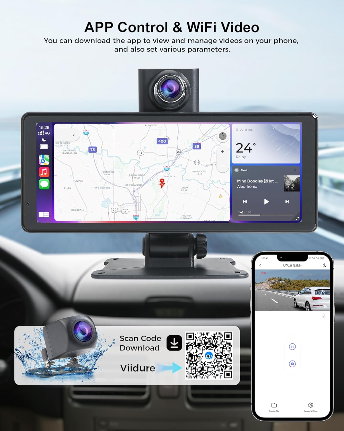 Wireless Car Stereo Carplay Screen with 4K Dash Cam, 8.1'' Portable 2K Touch Screen with 1080P Backup Camera, GPS Navigation for Car Play, Android Auto, Voice Control, Mirror Link, DVR, Bluetooth