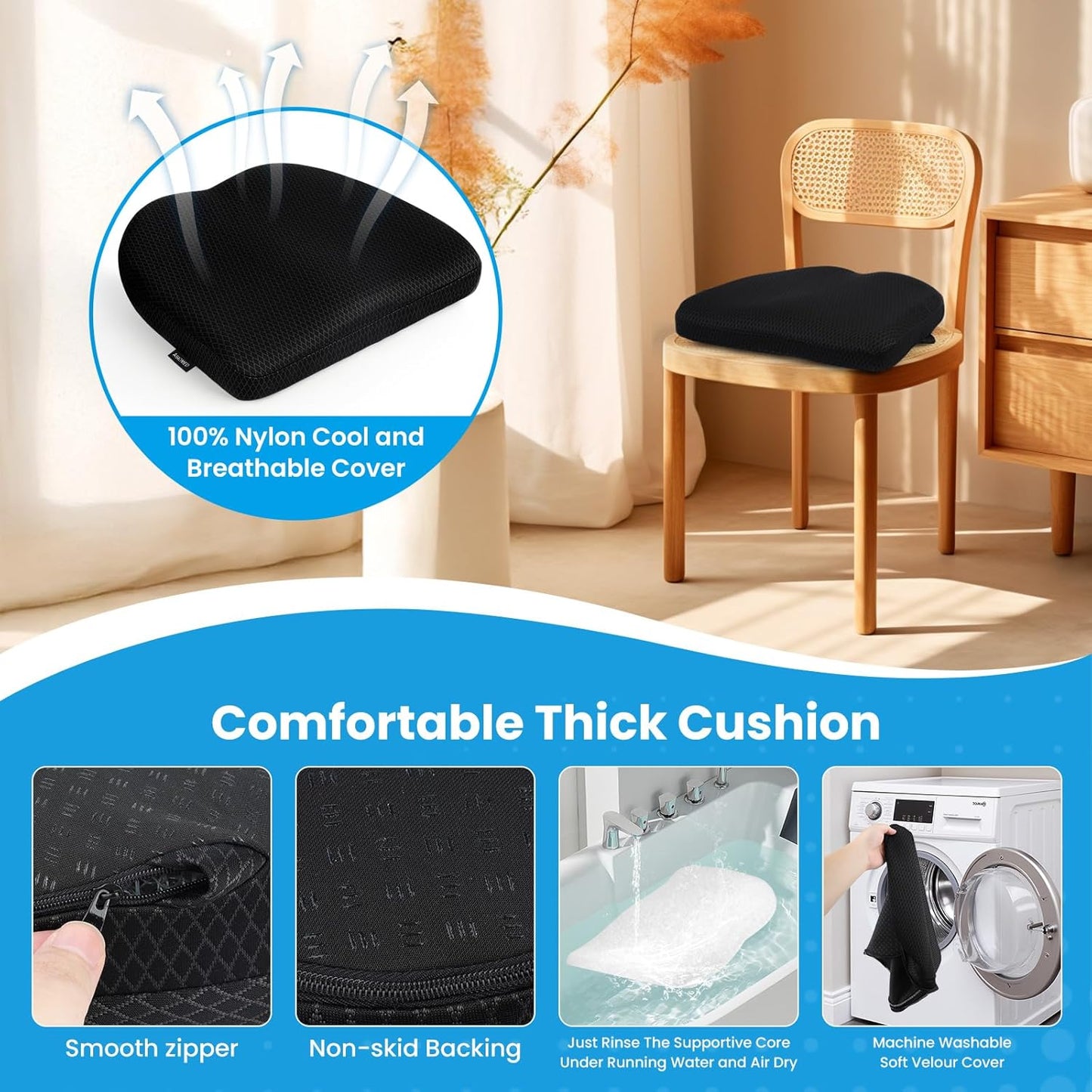 Office Chair Cushion - Breathable Pressure Relief Seat Cushion with Hours Sitting on Gaming/Car/Wheelchair, Extra-Dense Air Fiber for Orthopedic Coccyx, Sciatica & Hip Support (Black)