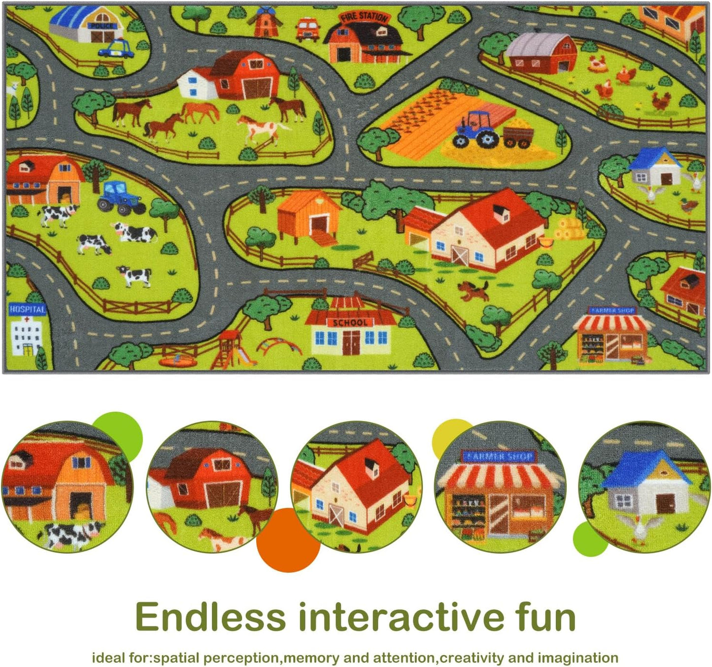 STARUIA Washable Kids Carpet Playmat Rug for Boys Room, 79"x39" Large Toddler Car Rug for Kids Toy Cars, Fun Learning Farm Play Mat Road Rugs for Kids Room Bedroom Playroom