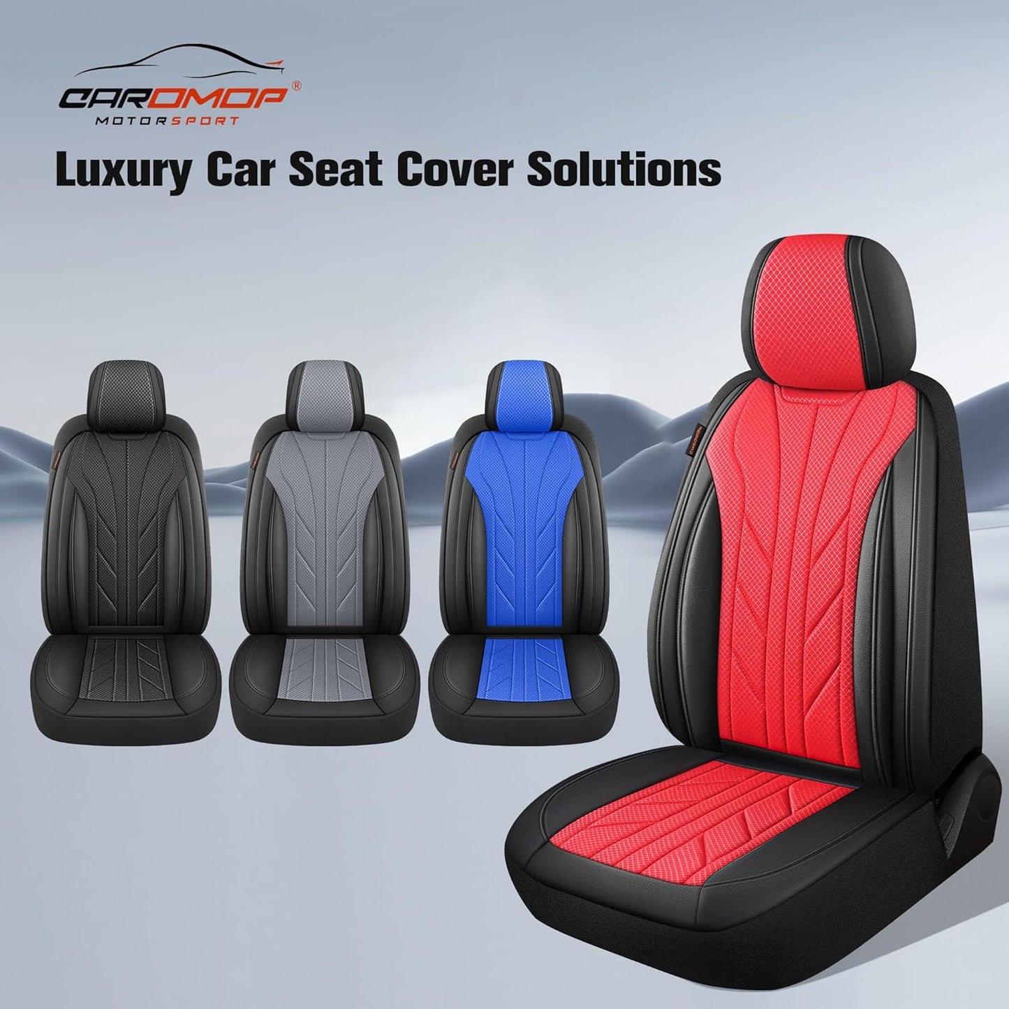 CAROMOP Luxury Faux Leather&Fabric Car Seat Covers 2 Front Seats with Breathable 3D Foam Back Support, Universal Seat Covers for Cars,Trucks,SUVs, Front Armrests Compatible(Black/Red)