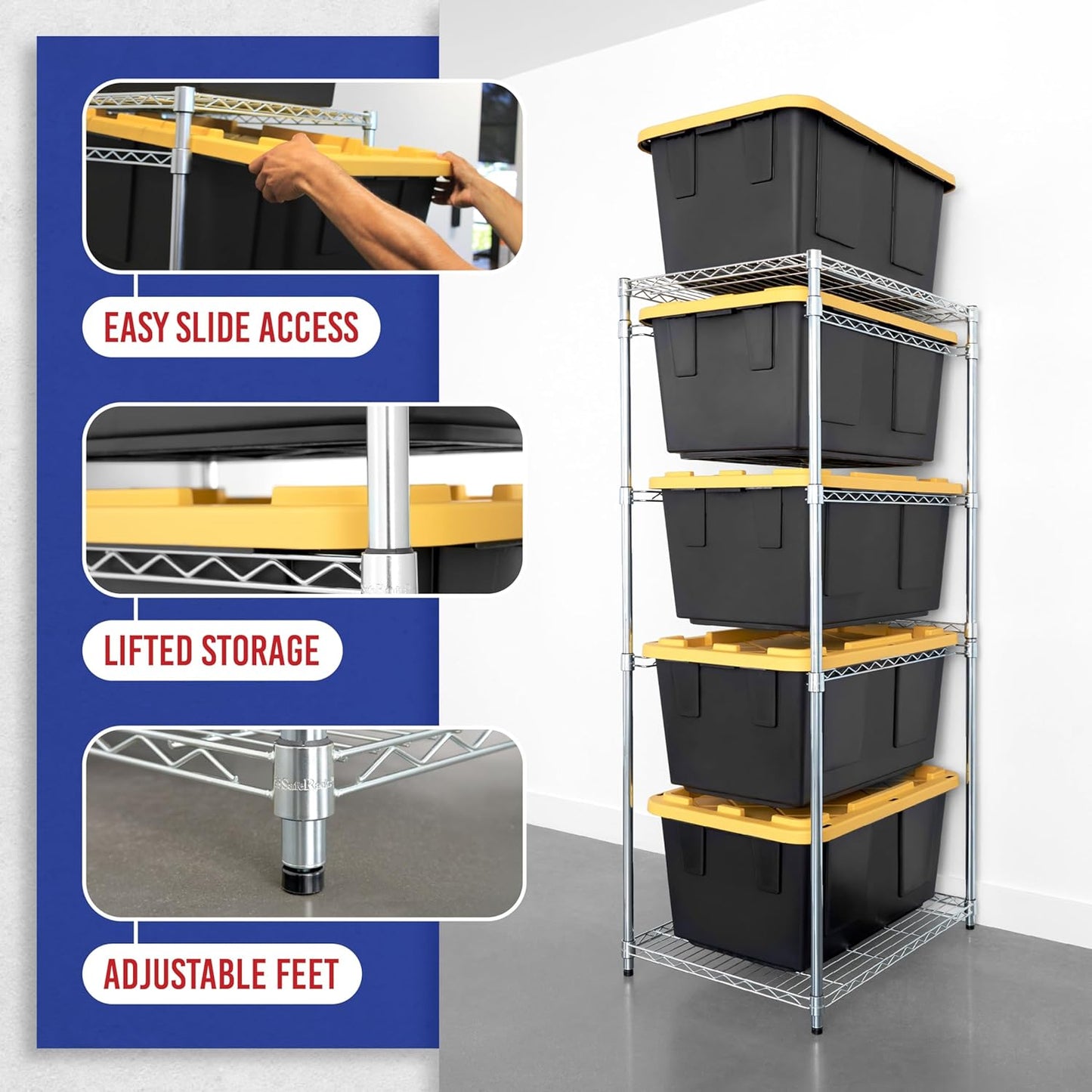 SafeRacks 5-Tier Steel Tote Rack WS-BR27 - Maximize Space, Declutter, NSF Certified, Bin Storage for Garage, Pantry, Kitchen, 31" x 23" x 68" (Silver, 1 Pack)