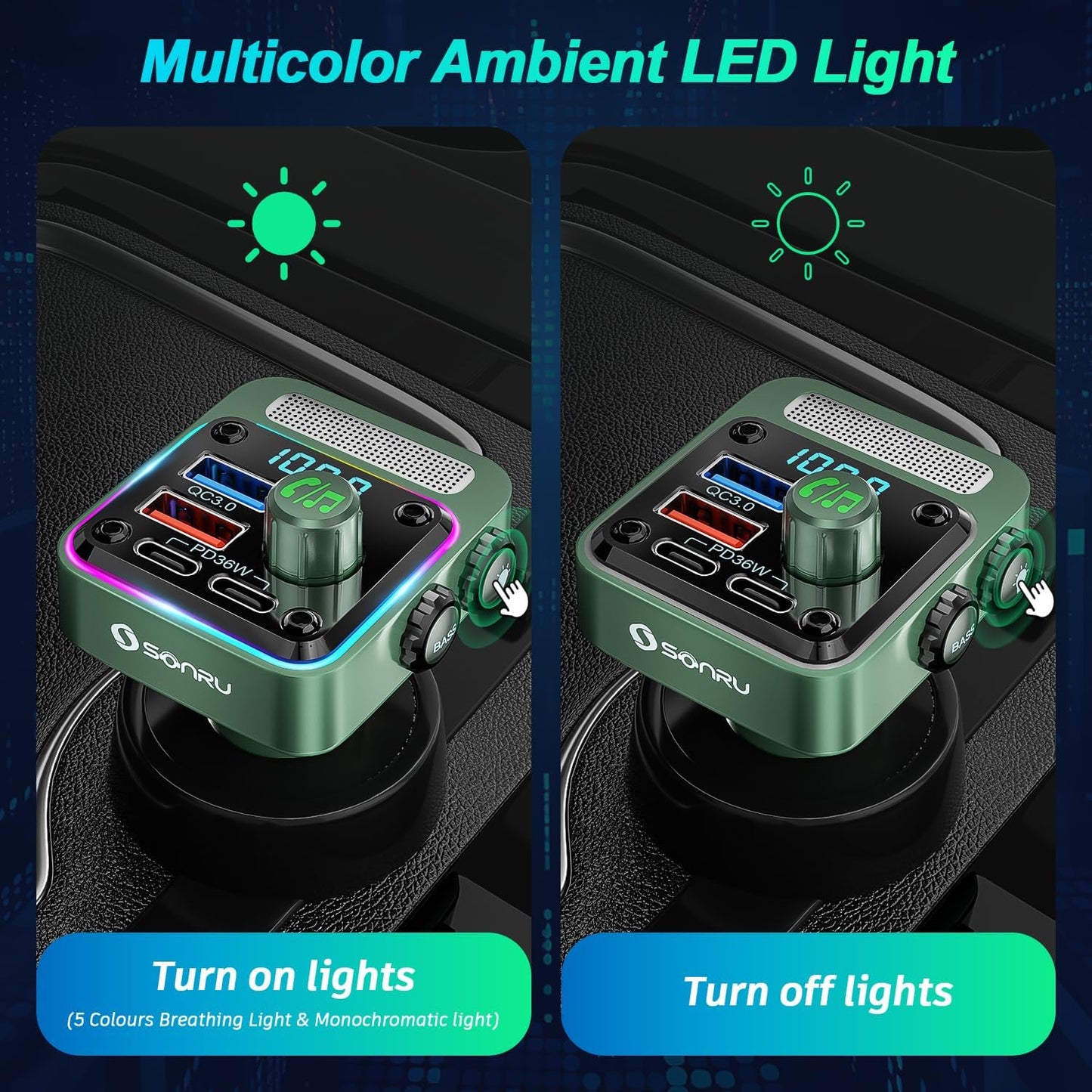 Bluetooth 5.3 FM Transmitter Car Adapter - SONRU Car Charger 54W [PD 36W & QC3.0 18W], Wireless FM Radio Transmitter [HiFi Treble & Bass Player], 5 Colors LED Backlit, Hands-Free Calling, U-Disk