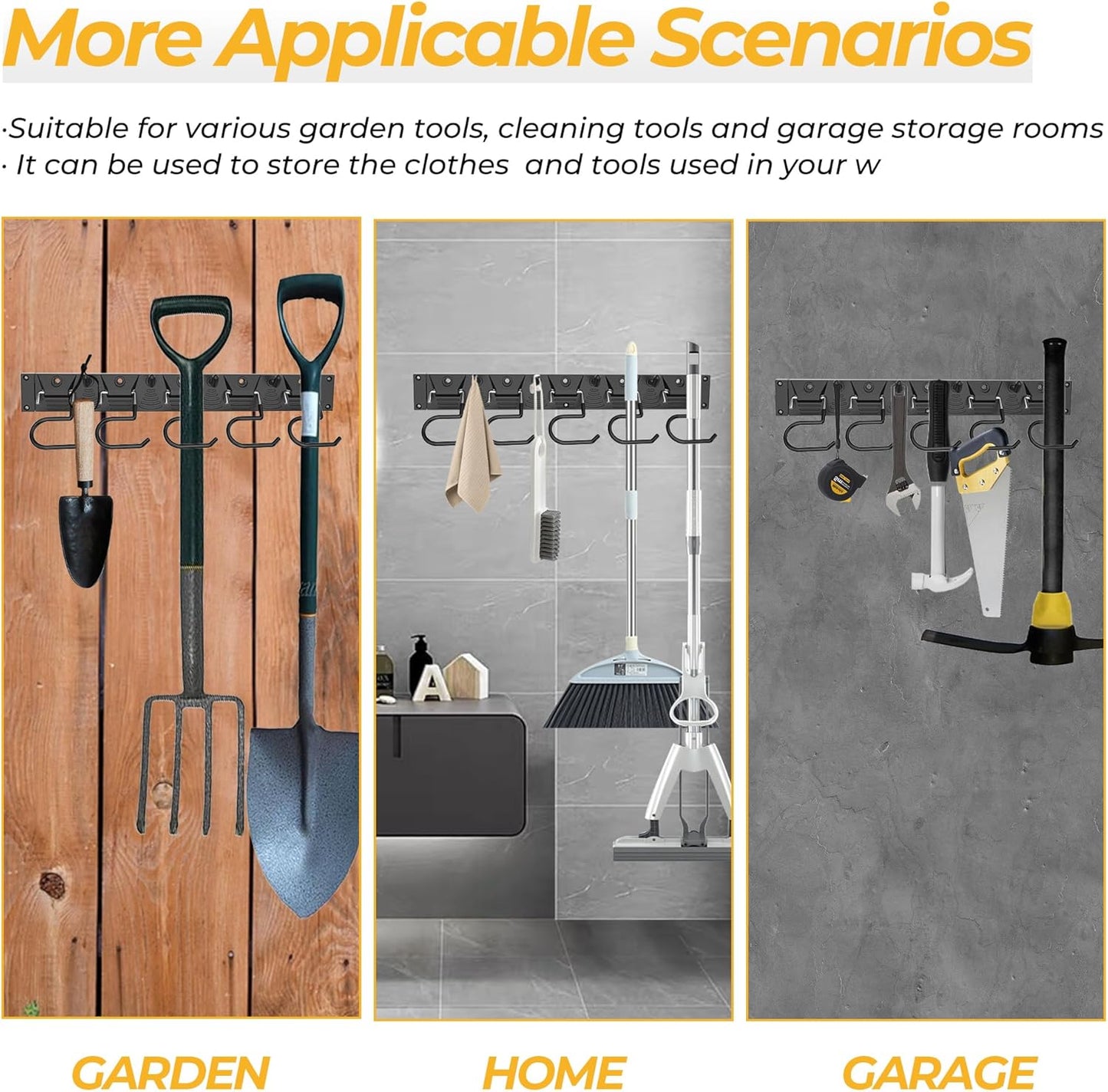 34 Inch Garden Tool Organizer Wall Mount with Non Slip Rubber Coated Metal Hooks, Storage Rack for Indoor/Outdoor Shovel, Rake, Mop and Broom Holder Wall Mount （ 10 Hooks+10 Holders