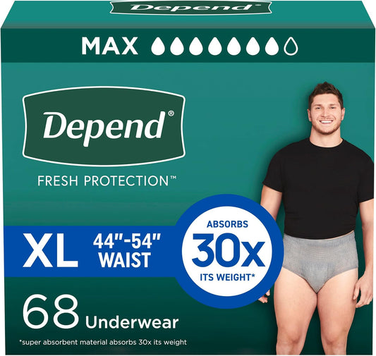Depend Fresh Protection Adult Incontinence Underwear for Men, Disposable, Maximum, Extra-Large, Grey, 68 Count (2 Packs of 34), Packaging May Vary