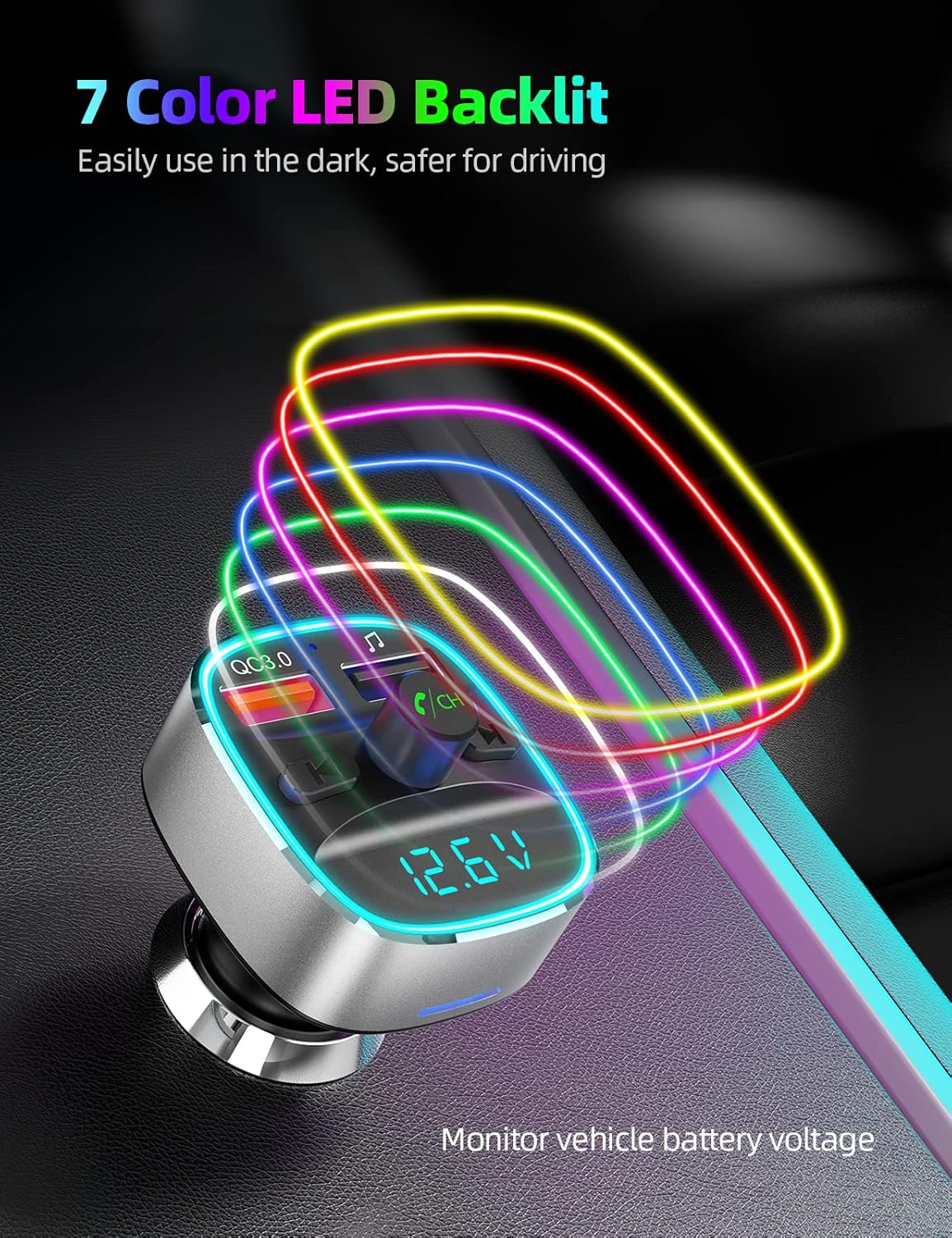 Nulaxy Bluetooth FM Transmitter for Car,Bluetooth Car Adapter Charger with Dual USB Charging Ports, MP3 Music Player Supports TF Card & USB Disk,Hands Free Calling, 7 Colors Led Backlit Light - Silver