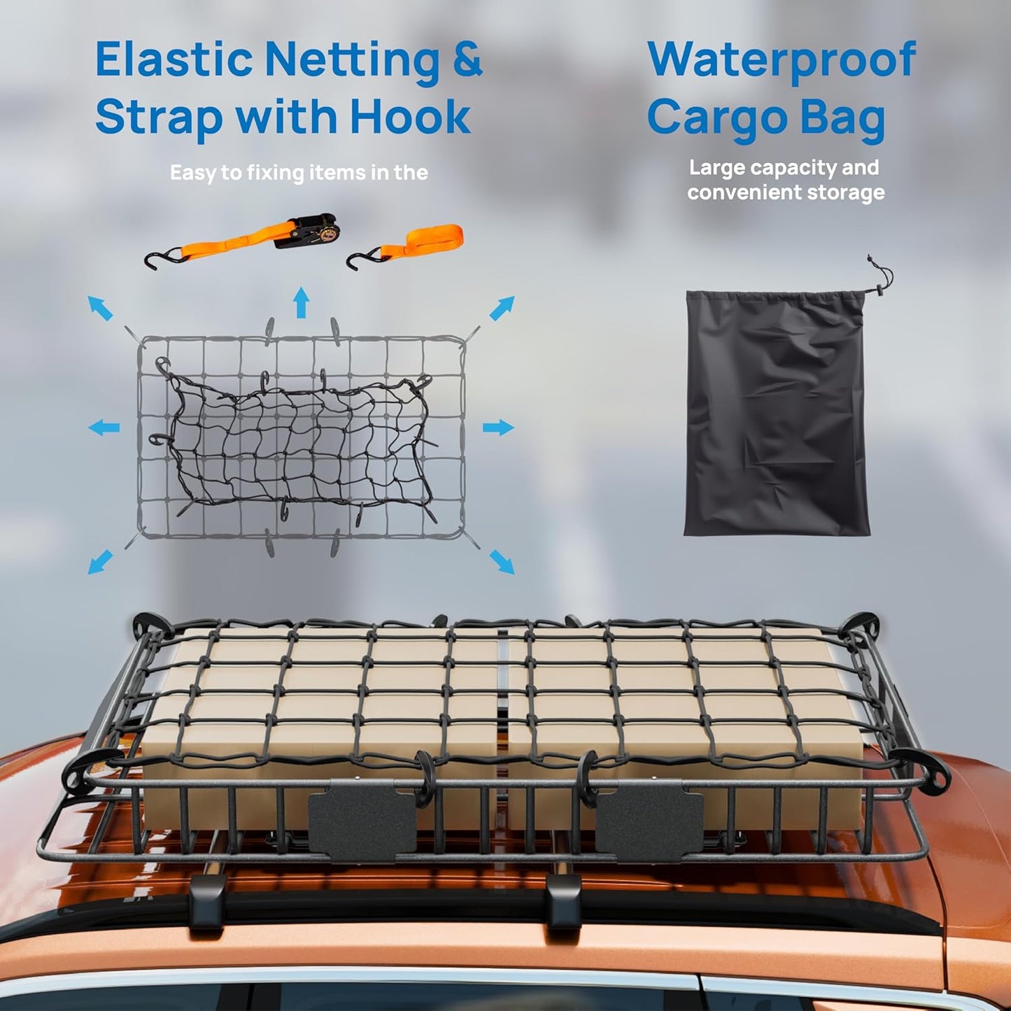 Bonnlo 250lbs Extendable Rooftop Cargo Carrier,64 * 39 * 6inch Universal Roof Rack Basket with Rubber Net,Storage Bag,Straps and Footrest,for SUV/Truck/Van