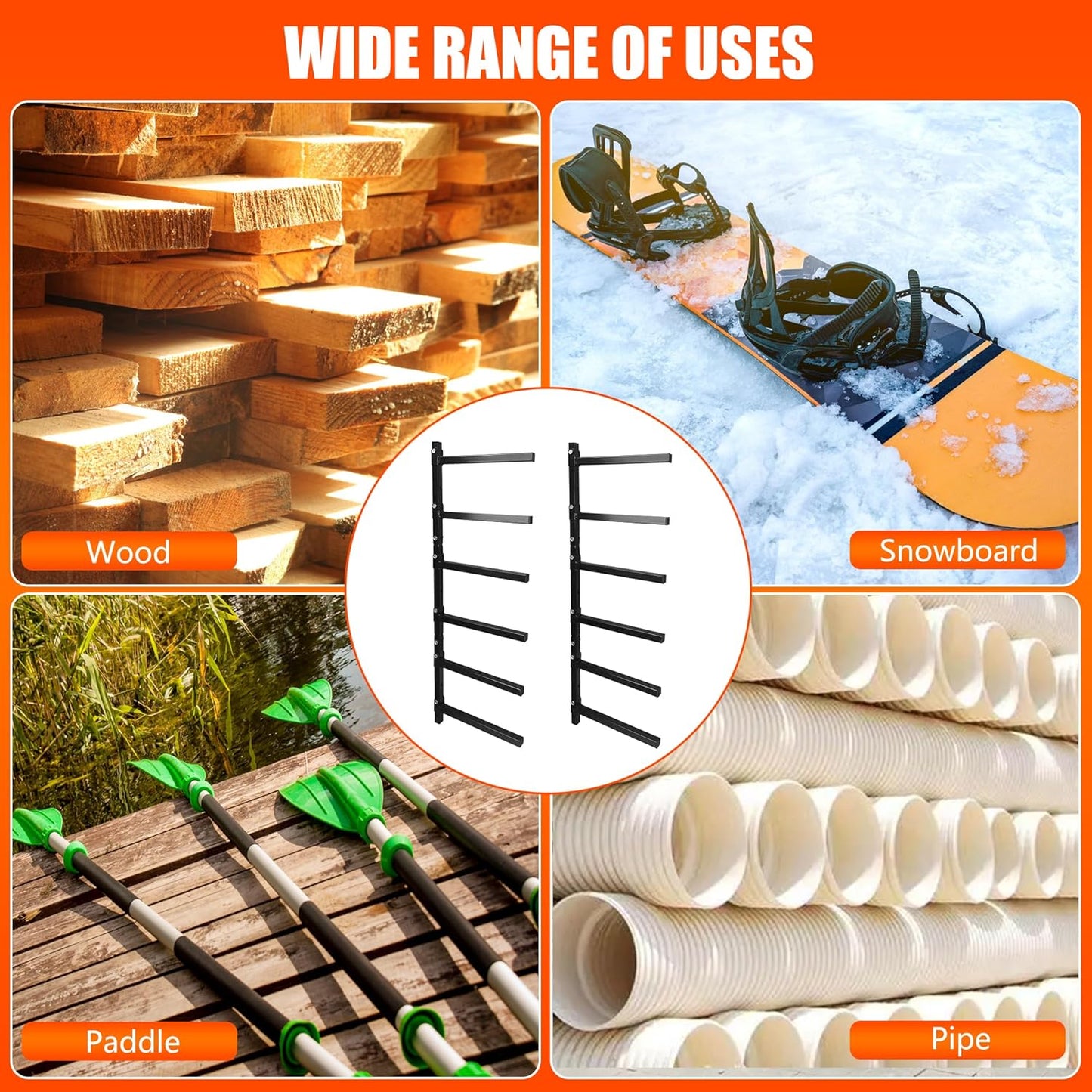 6-Tiered Collapsible Wall Mount Lumber Storage Metal Rack, 6-Level Foldable Heavy Duty Indoor Garage Wood organizer, Outdoor Adjustable Steel Multipurpose Workshop Shelf, Holds up to 600Lbs