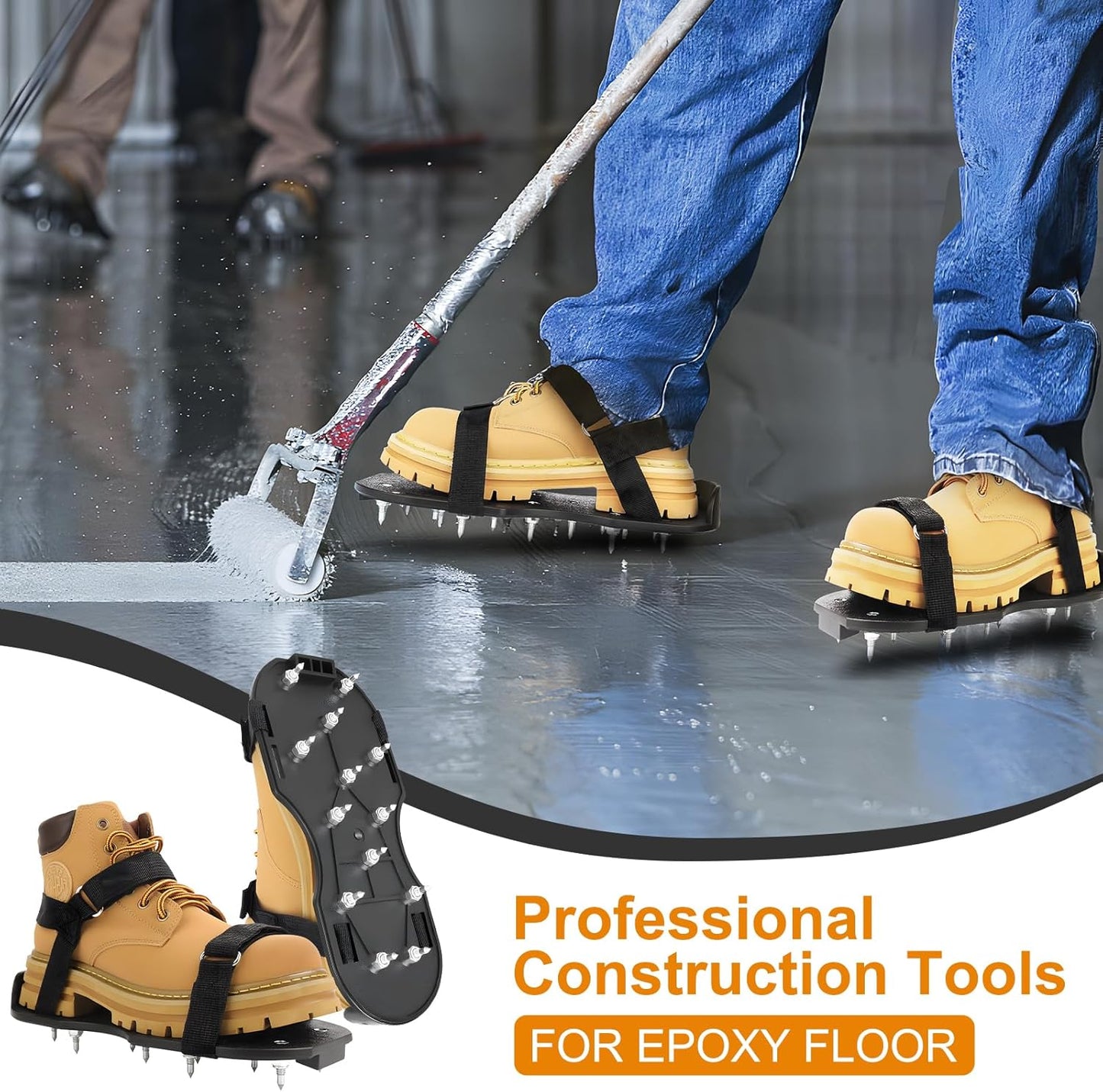 Epoxy Floor Spiked Shoes Fully Assembled Gunite Spiked Shoes with 3/4" Short Spikes for Garage Floor Epoxy, Overlays, Cover Installation, 1 Pair (Black, Large Size)