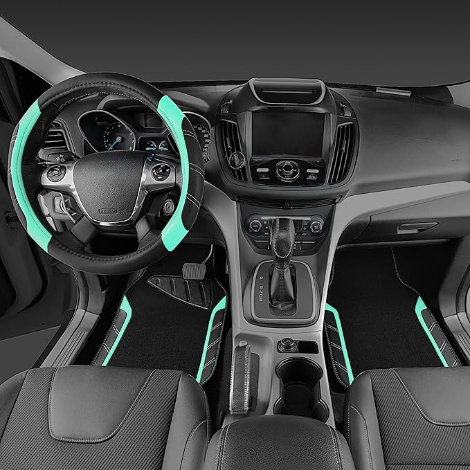 CAR PASS Leather Steering Wheel Cover and Waterproof Car Floor Mats,Microfiber Universal Car Combo Fit for 95% Sedan,SUV,Cars,14.5-15inch Sporty Anti-Slip Safety Comfortable Design(Black&Mint)