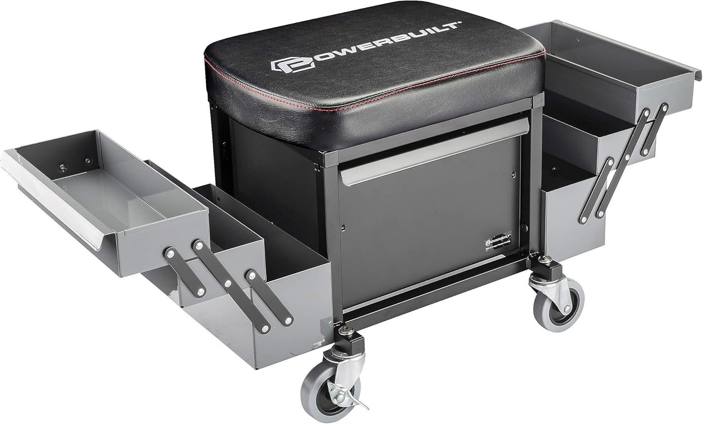Powerbuilt Rolling Seat with Expandable Tool Trays, Roller Toolbox Garage Stool - Grey 941918ECE