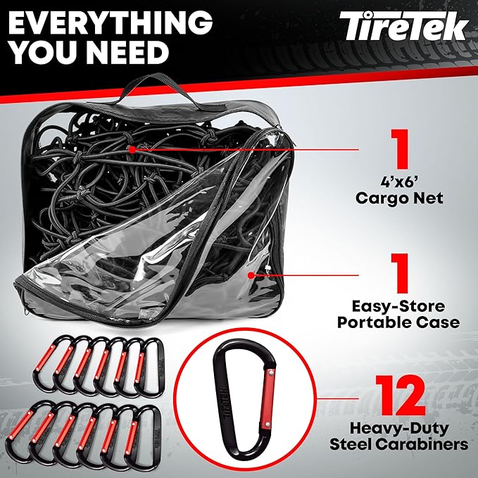 Cargo Net for Pickup Truck Bed (4'x6' Stretches to 8'x12') Double Thick Heavy Duty Pickup Truck Bed Organizer Accessories - 12 Metal Carabiners, Bungee Mesh Accessory with Strap Hooks